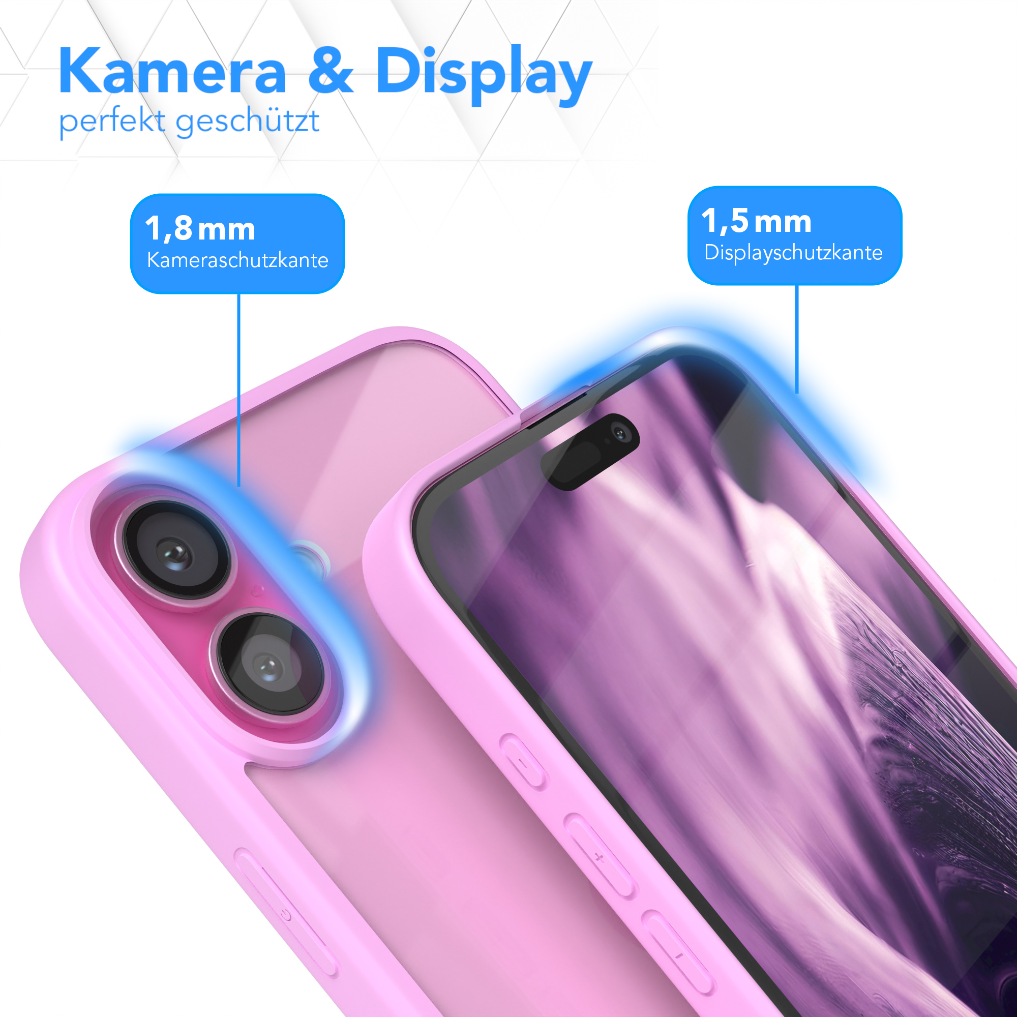 Rosa Handyhülle um ein Telefon. Nahaufnahme von Kamera und Bildschirmrändern. Text weist auf Schutz hin.