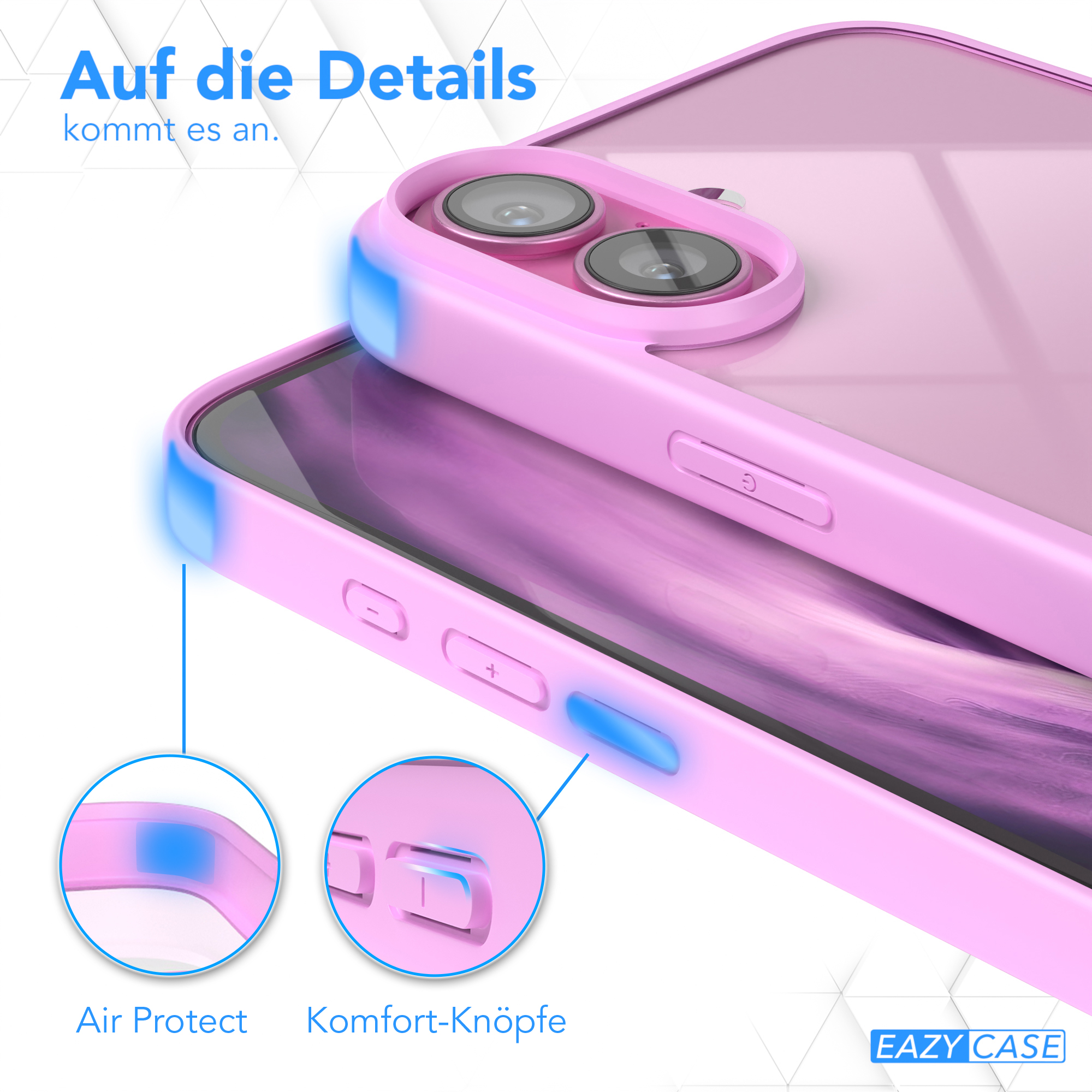 Nahaufnahme einer rosa Handyhülle. Knöpfe an der Seite sind blau hervorgehoben.