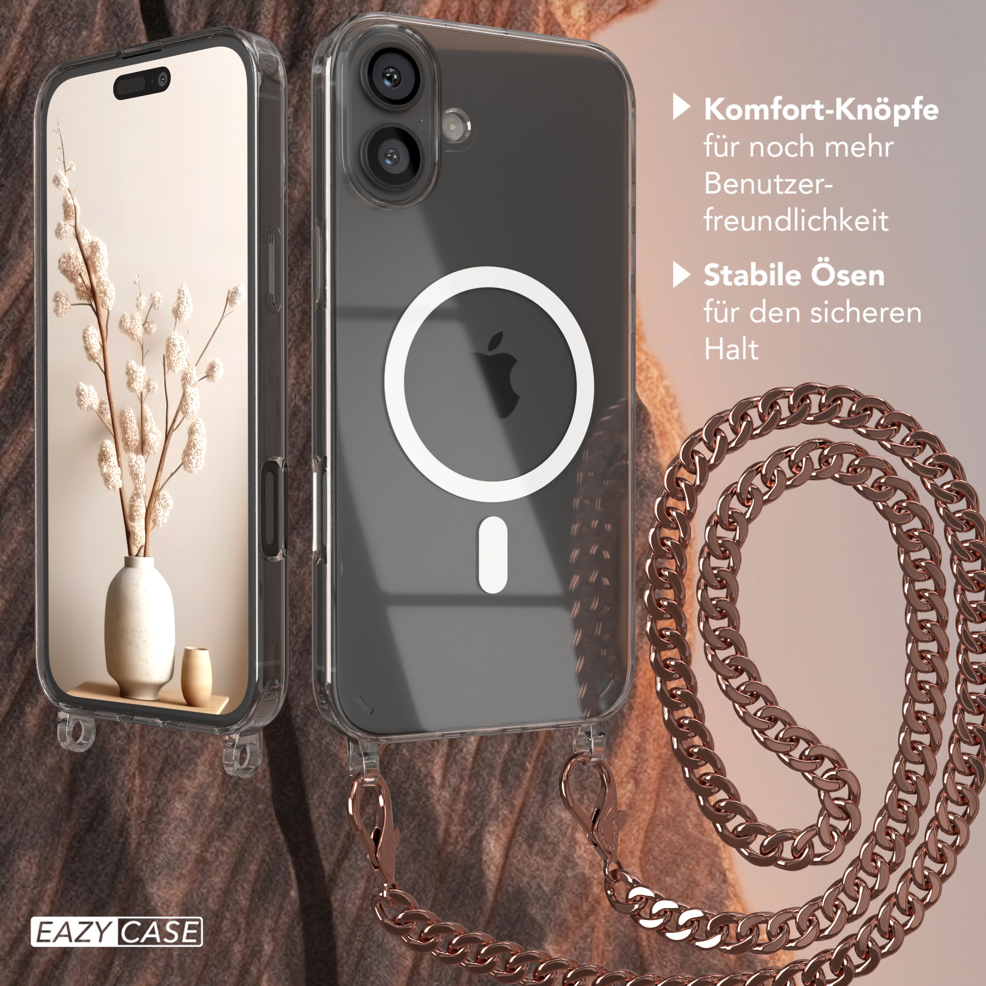 Transparente Handyh ülle mit Kette. Zeigt ein Telefon mit floralem Hintergrund und Text an der Seite.