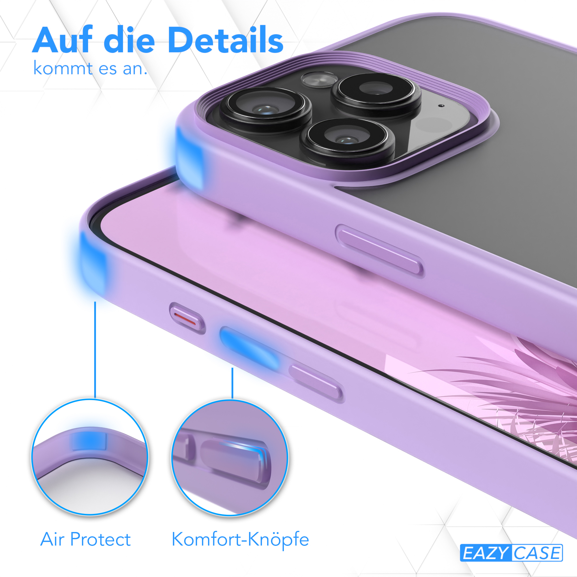 Nahaufnahme einer Handyhülle mit Air Protect und Komfort-Knöpfen. Die Hülle ist lila und transparent.