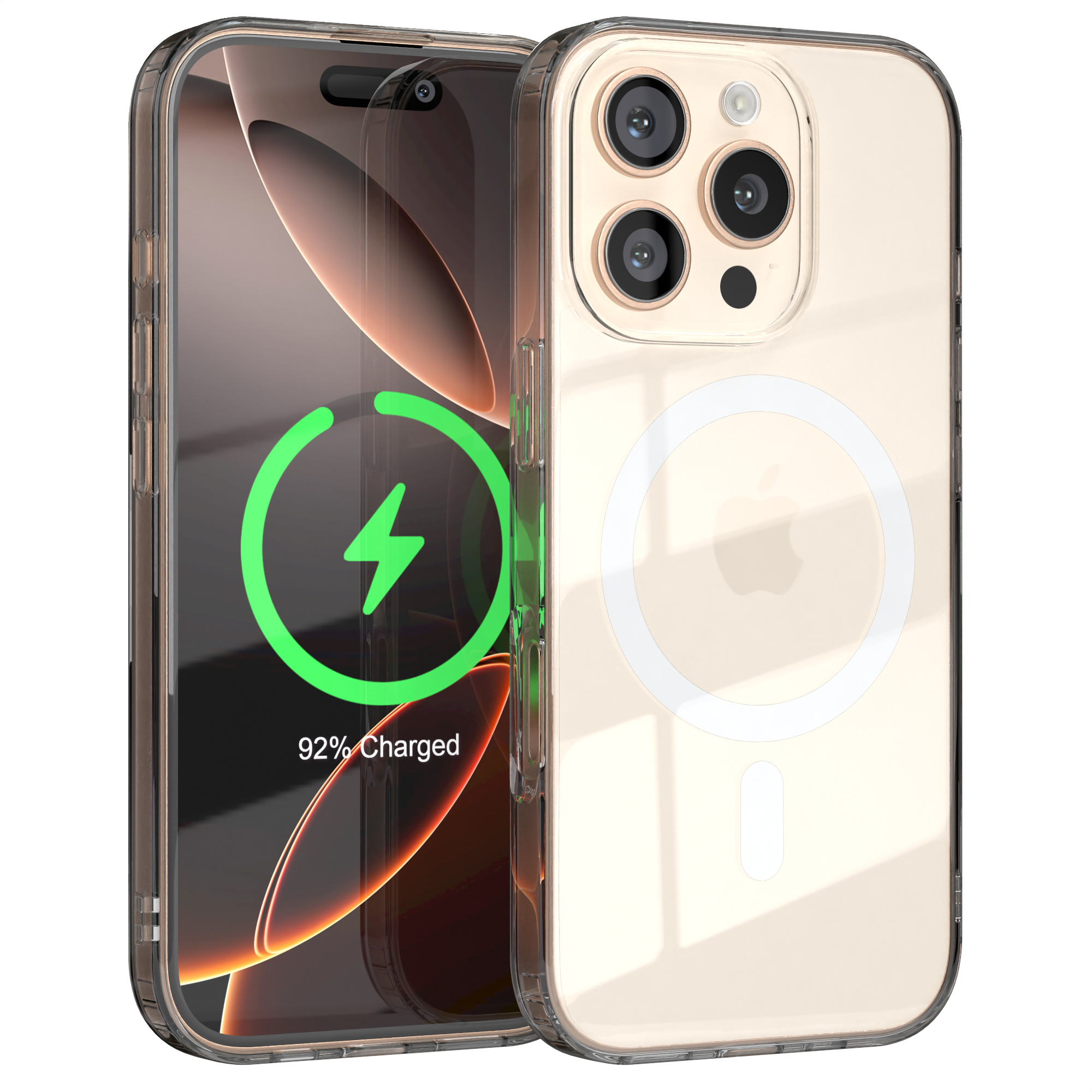 Telefon in klarer Hülle, zeigt Ladebildschirm. Die Hülle hat einen goldenen Farbton.