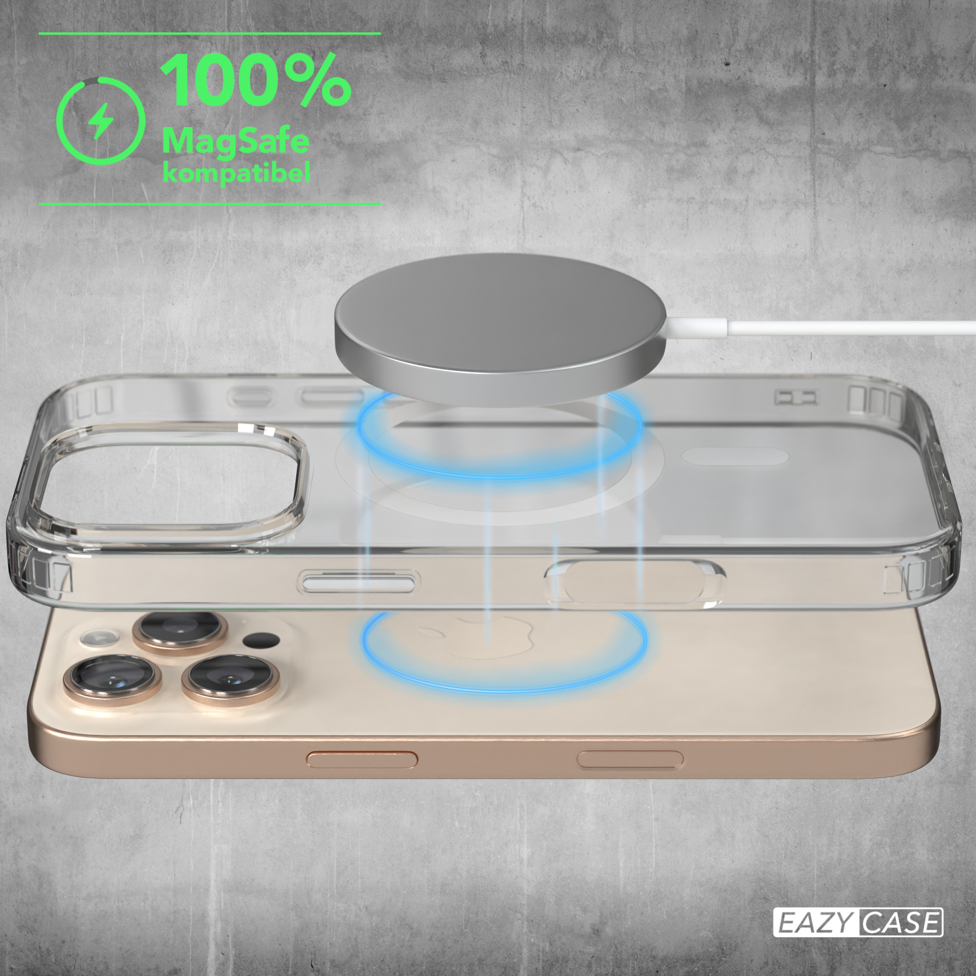 Transparente Handyhülle mit MagSafe-Ladegerät. Das Telefon ist im Case.