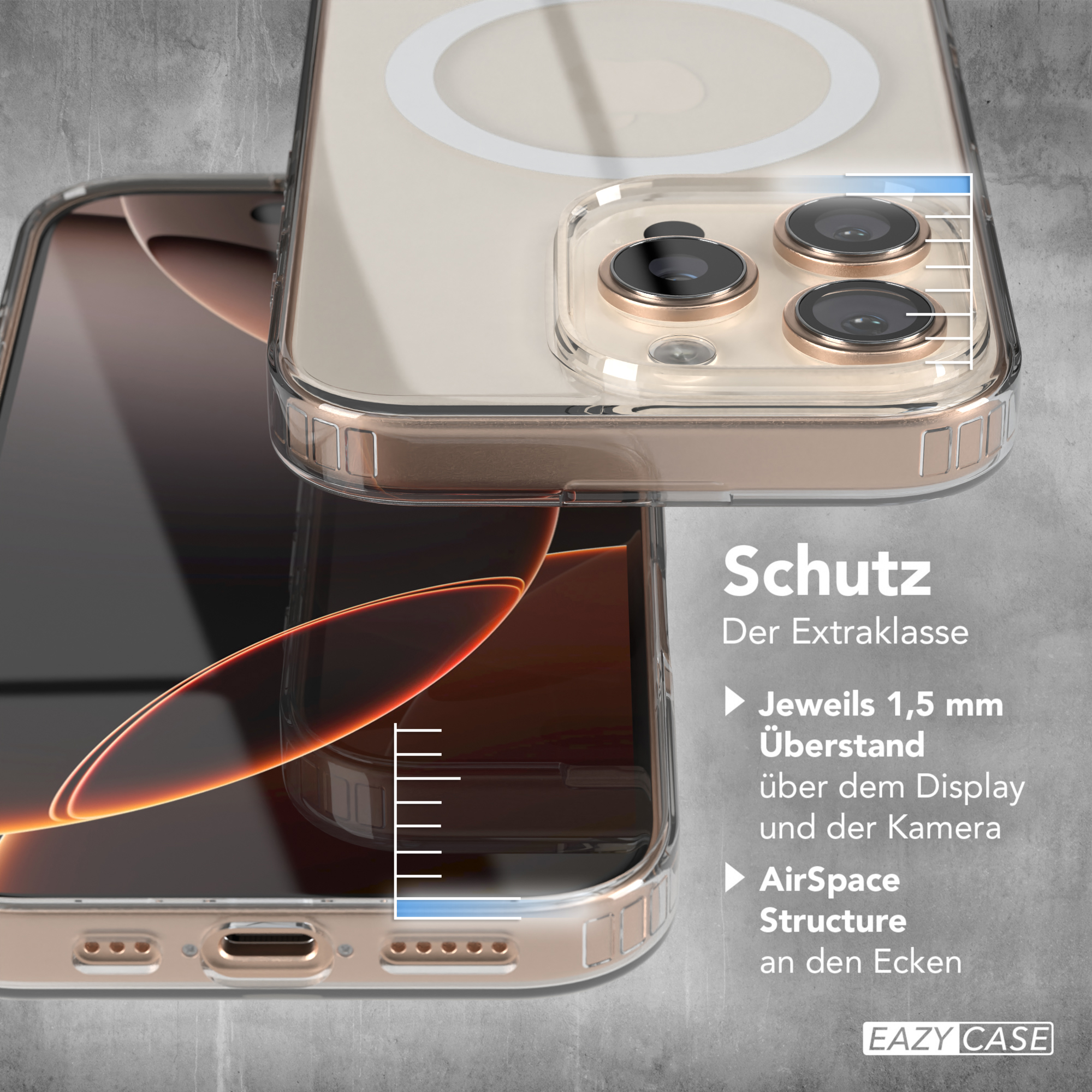 Ein Telefon in einer transparenten Hülle, das Telefon zeigt, mit goldfarbenem Rand und Schutzdetails.
