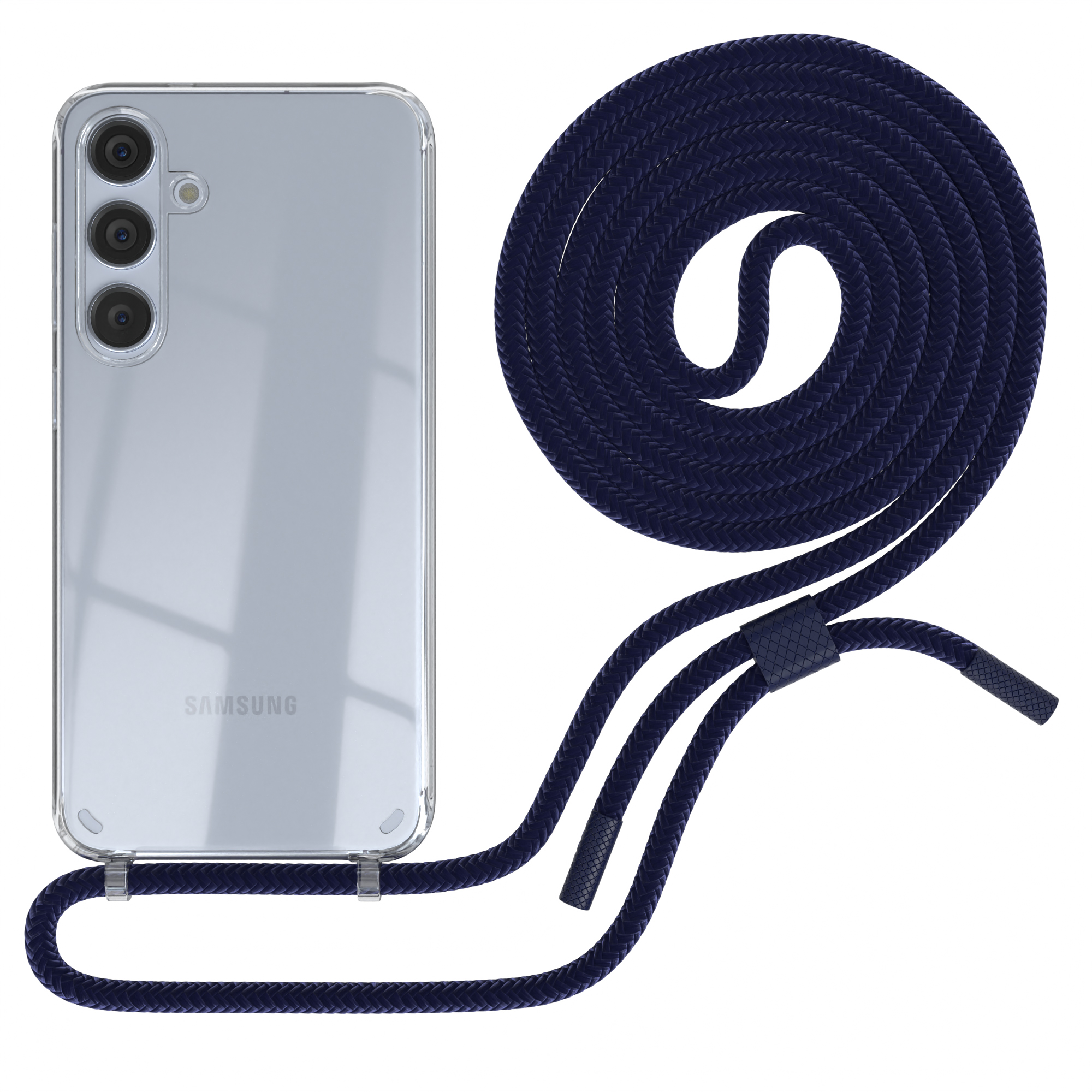 Transparente Handyhülle mit blauem Riemen. Telefon sichtbar, mit Kamera und 3 Linsen.