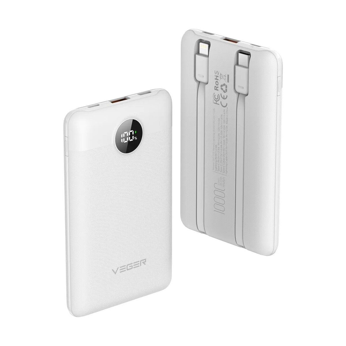 Power bank bianco con display digitale e due porte di ricarica. Il marchio VEGER è stampato sulla parte anteriore.