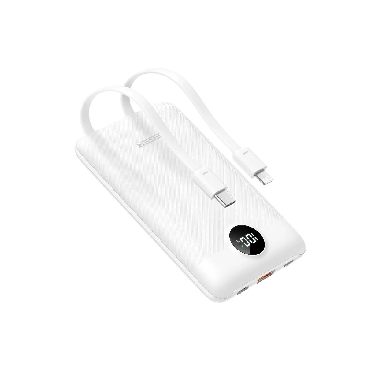 Power bank bianca con due cavi bianchi e display con numeri.