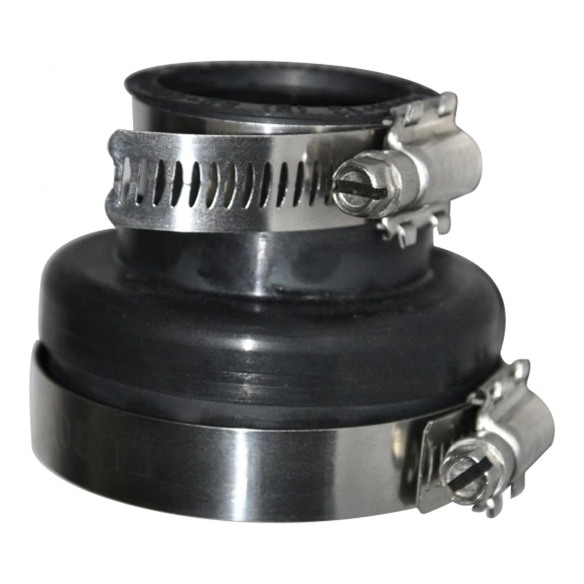 Black and silver hose connector with clamps.