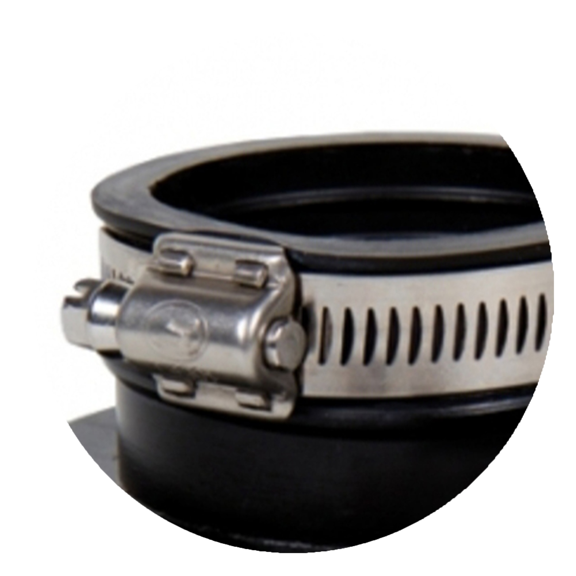 Close-up of a metal clamp on a black rubber hose. White background.