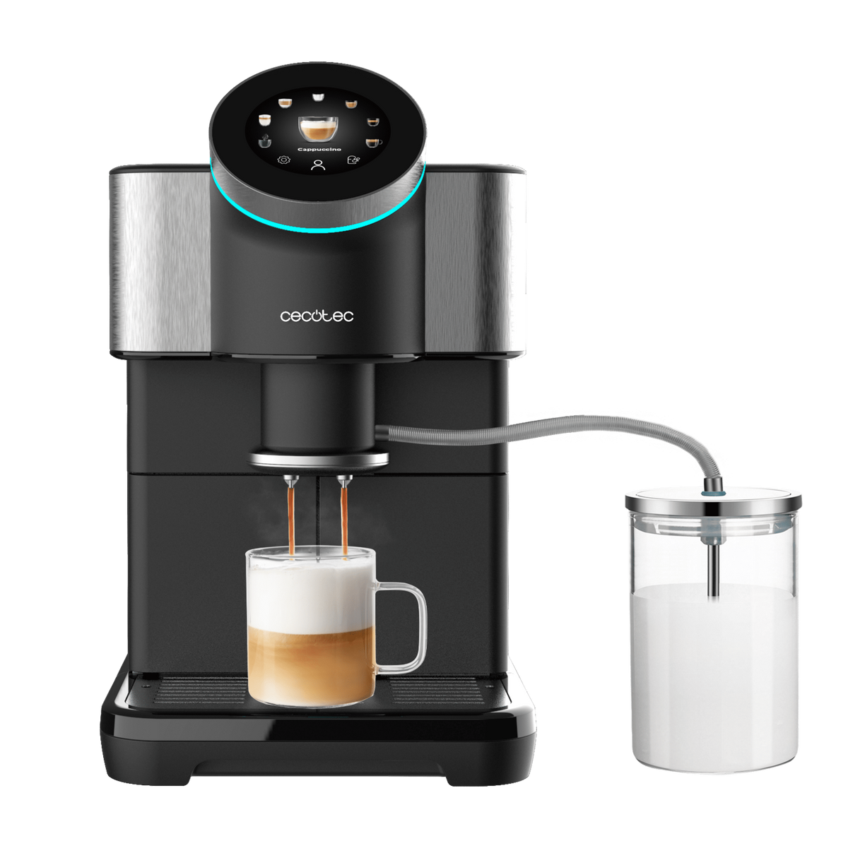 Ekspres do kawy dozujący do szklanki. Pojemnik na mleko po prawej. Panel dotykowy u góry.