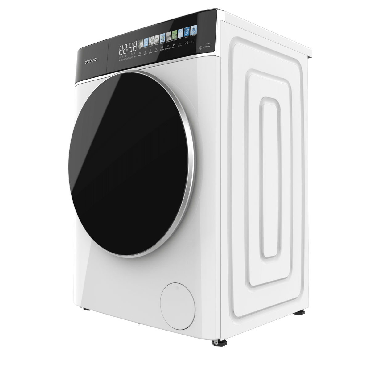 Una lavatrice bianca con porta nera e display digitale.