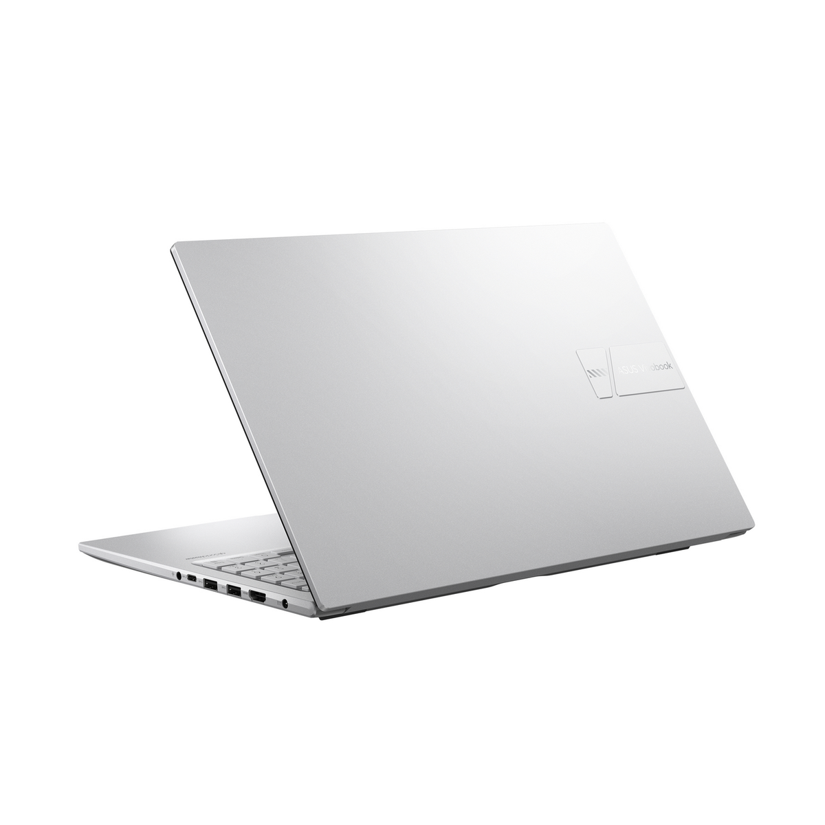Portátil blanco, vista trasera, con el logotipo de ASUS. Está sobre un fondo blanco.