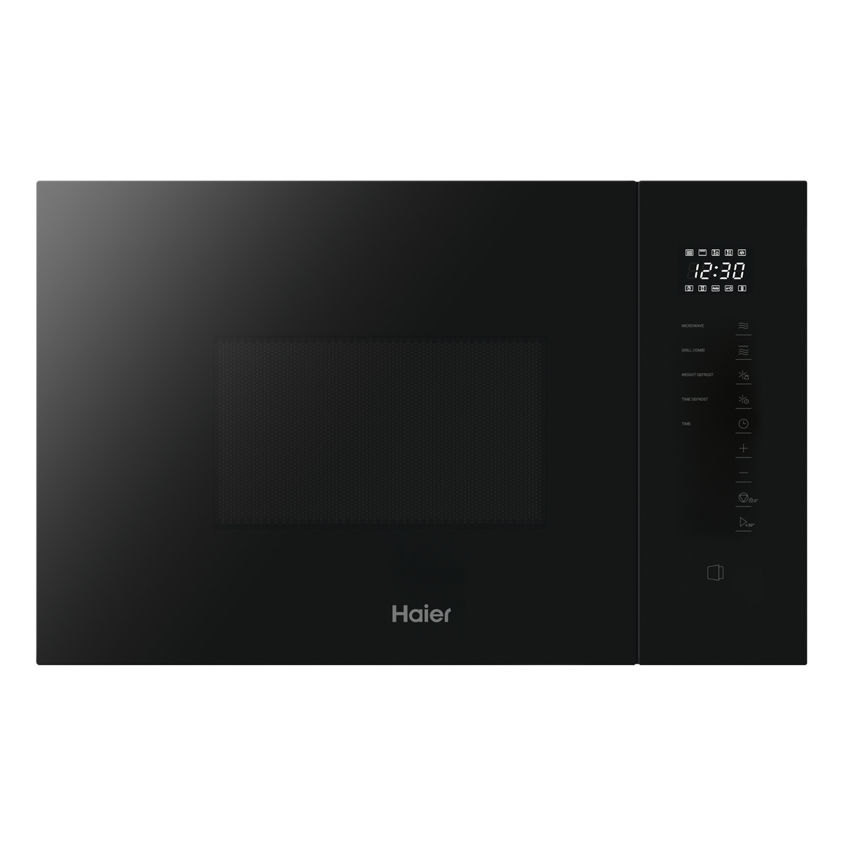 Czarna kuchenka mikrofalowa Haier z cyfrowym wyświetlaczem 12:30. Widoczne przyciski do gotowania.