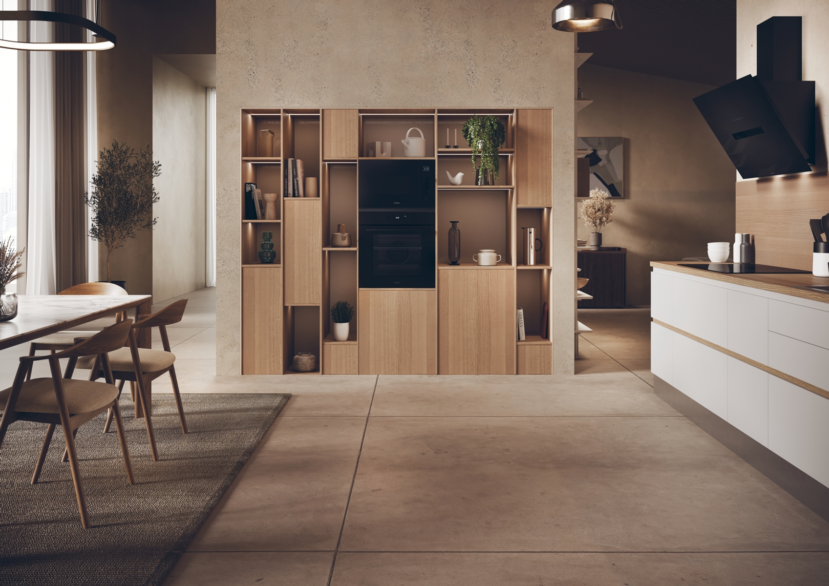 Nowoczesna kuchnia z drewnianymi szafkami i wbudowanym sprzętem. Widoczna jadalnia ze stołem.