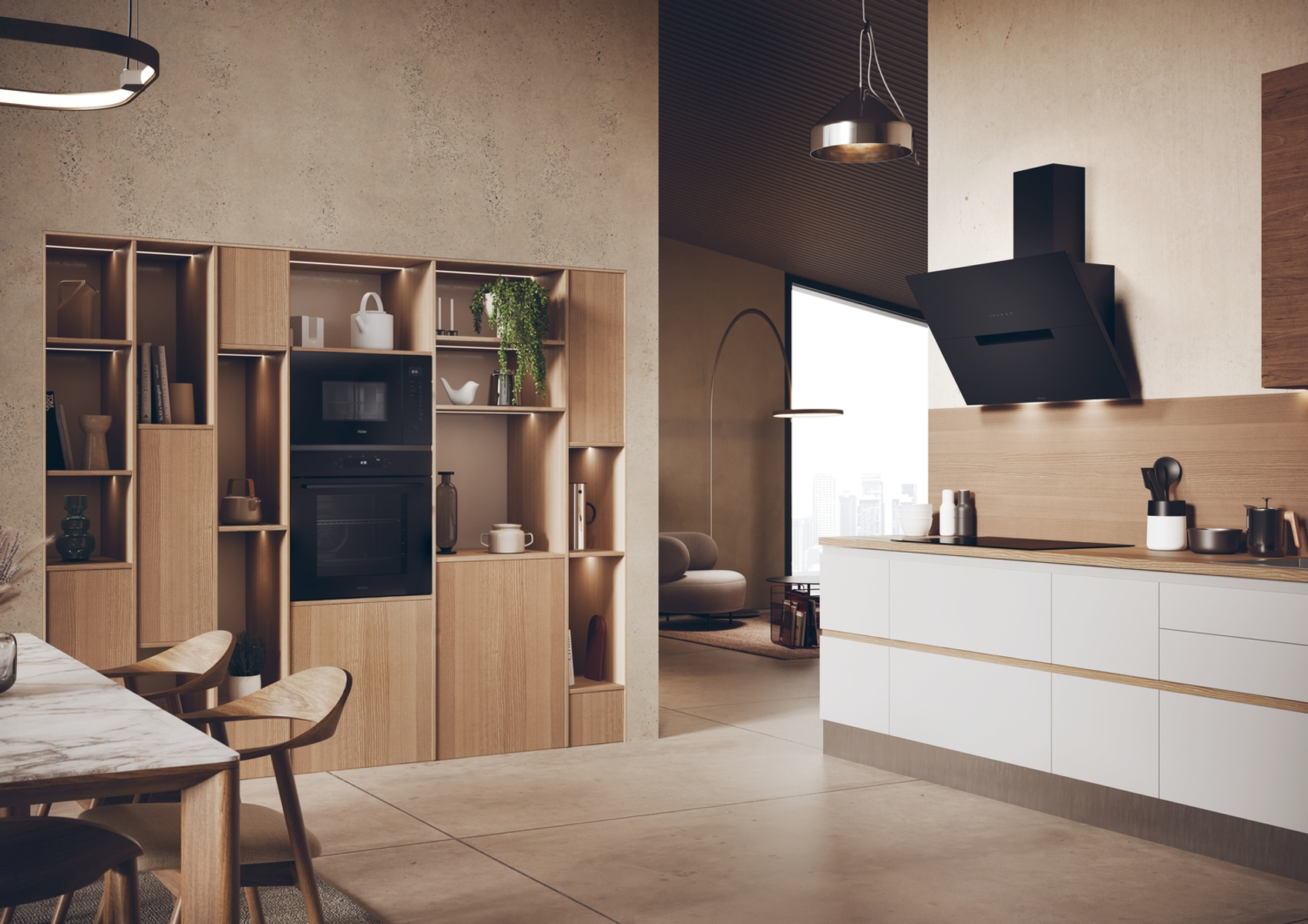 Nowoczesne wnętrze kuchni z drewnianymi szafkami, piekarnikiem i okapem ze stali nierdzewnej. Neutralna paleta barw.