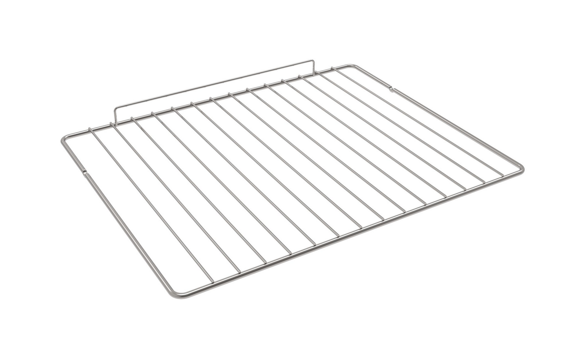 Griglia del forno argentata, forma rettangolare, in filo metallico. Isolato su sfondo bianco.