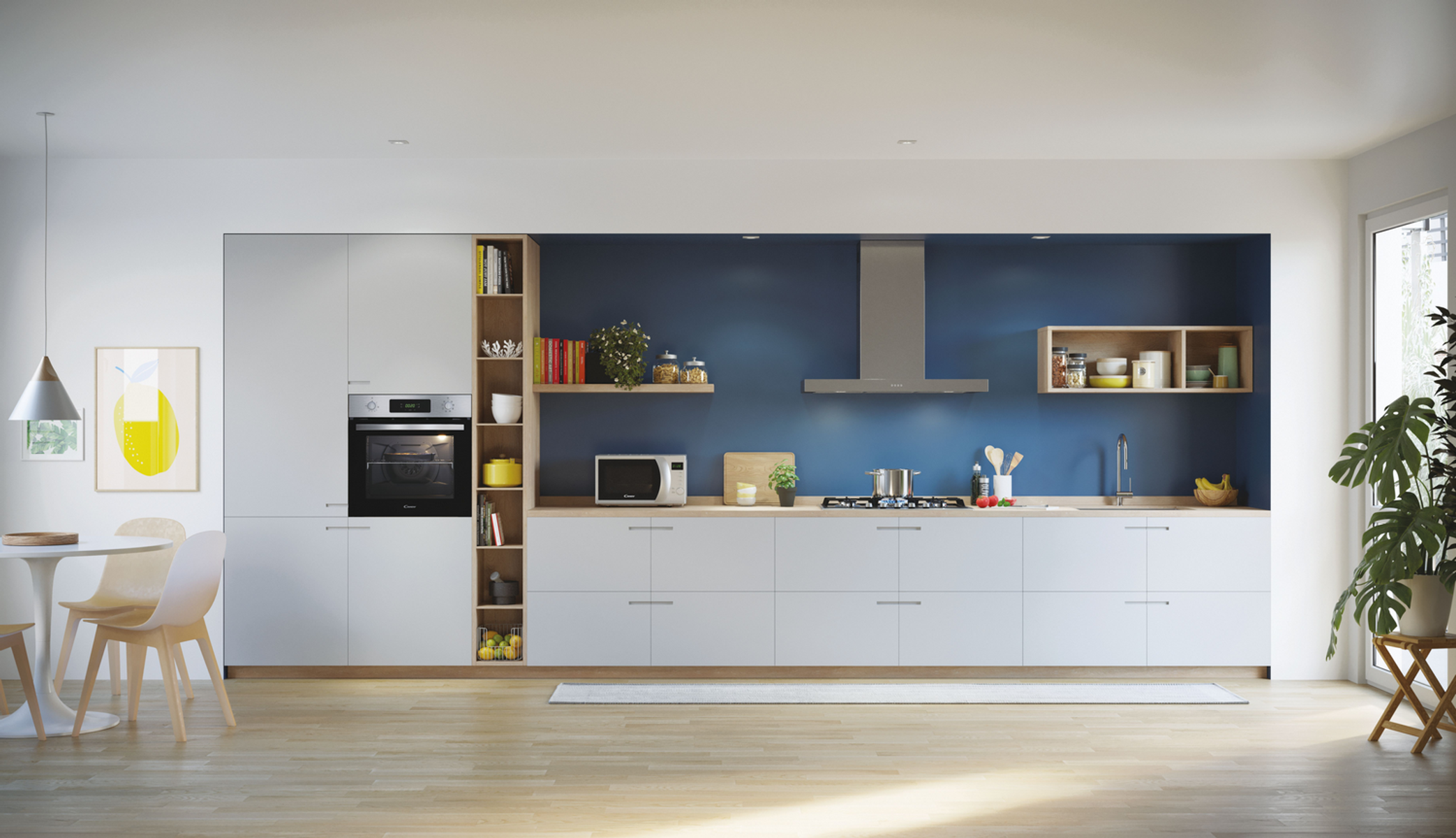 Cucina moderna con mobili bianchi, parete blu e mensole in legno. Include elettrodomestici.