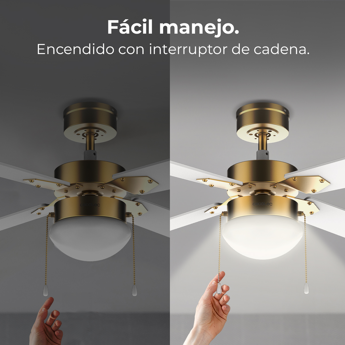 Deckenventilator mit zwei Lichteinstellungen. Weiße Flügel und goldene Akzente. Hand zieht Kette.