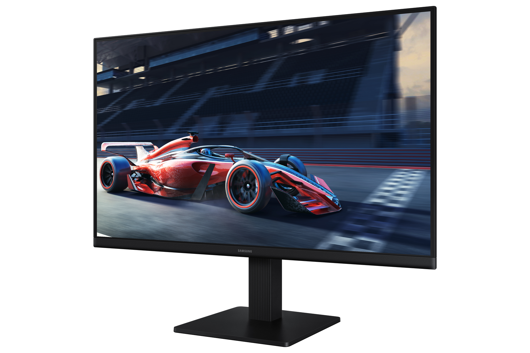 Een Samsung monitor met een raceauto op een circuit. Zwarte rand, witte achtergrond.