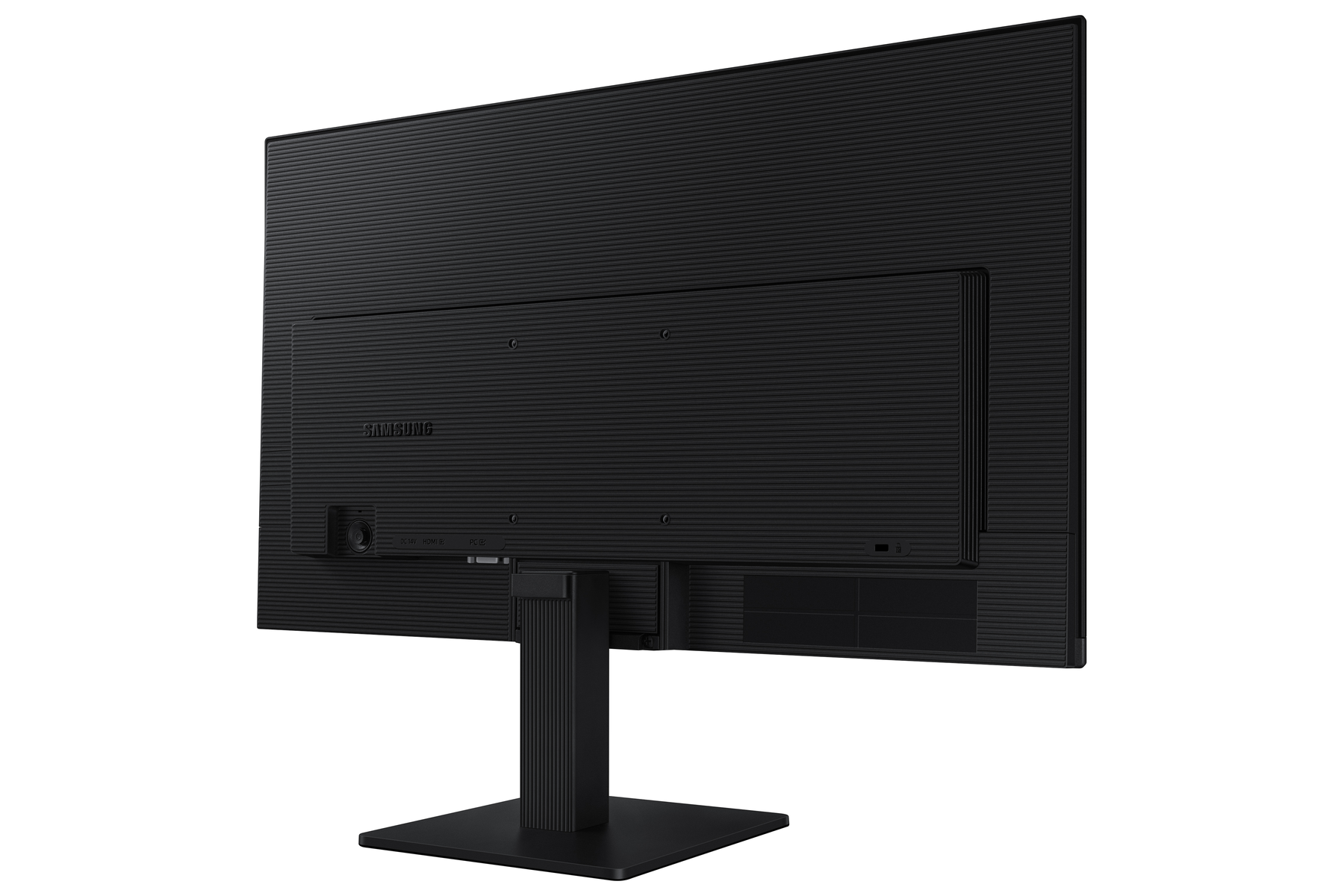 Achterkant van een zwarte computermonitor. Een standaard houdt hem vast. Samsung logo.