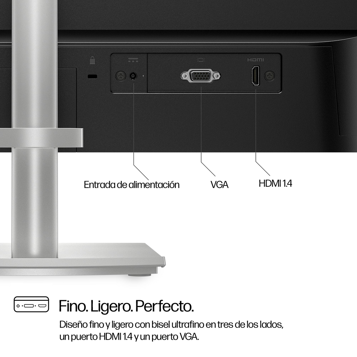 Zbliżenie tylnego panelu monitora pokazujące porty wejściowe: zasilanie, VGA i HDMI.