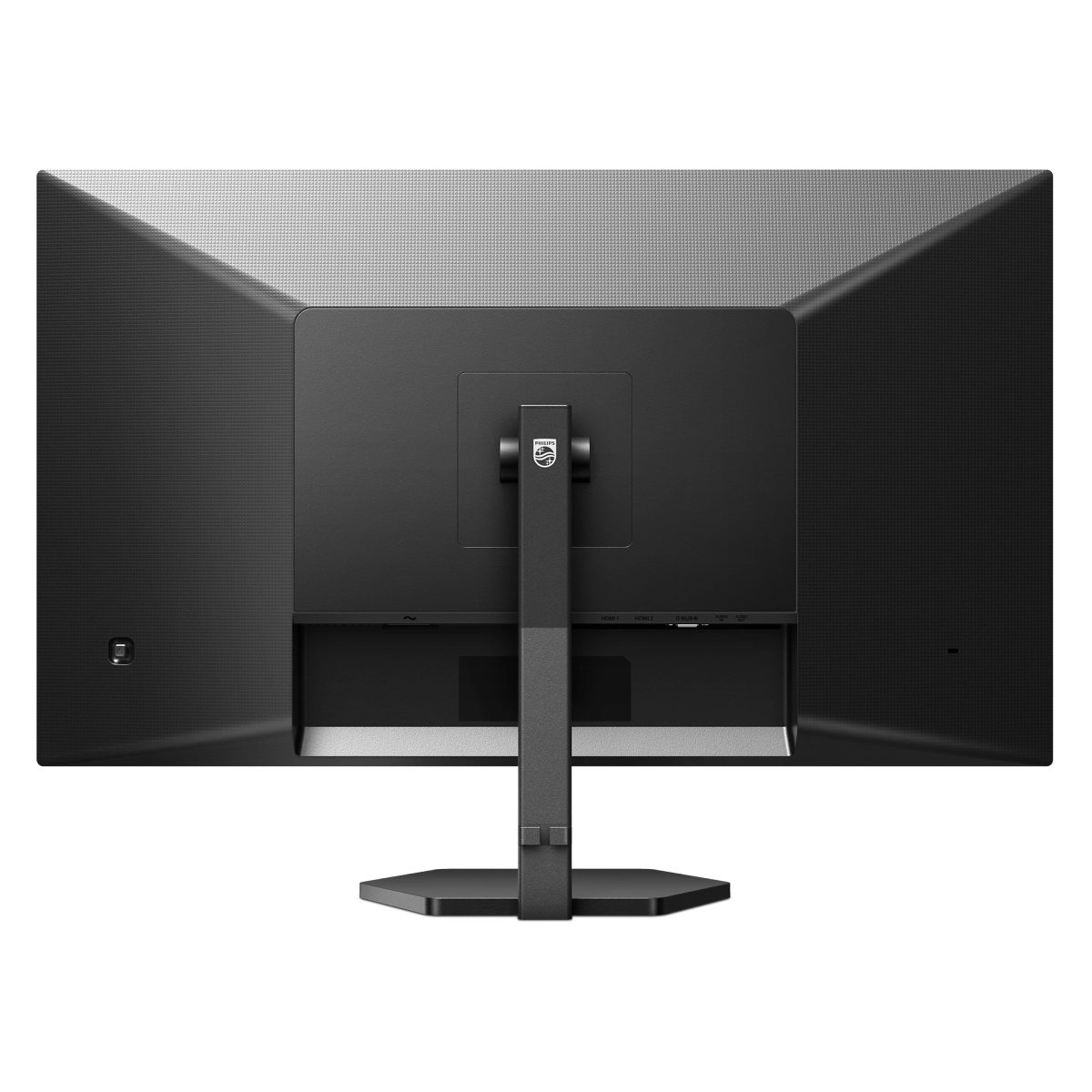 Tył czarnego monitora komputerowego. Widoczny stojak, wejścia i logo Philips.