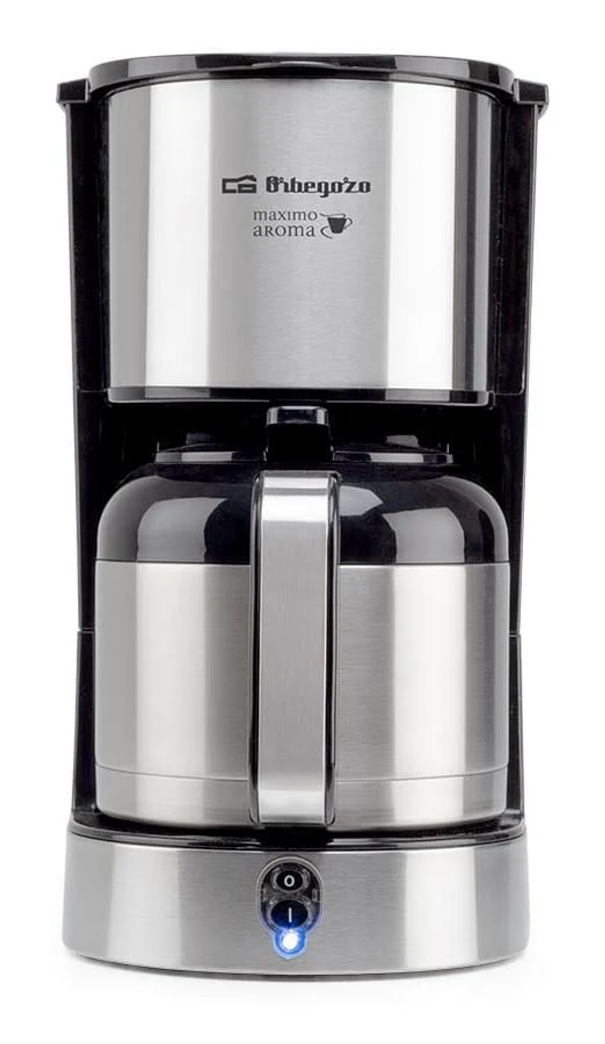 Czarny i srebrny ekspres do kawy, marki Orbegozo. Karafka ze stali nierdzewnej. Przycisk zasilania na dole.