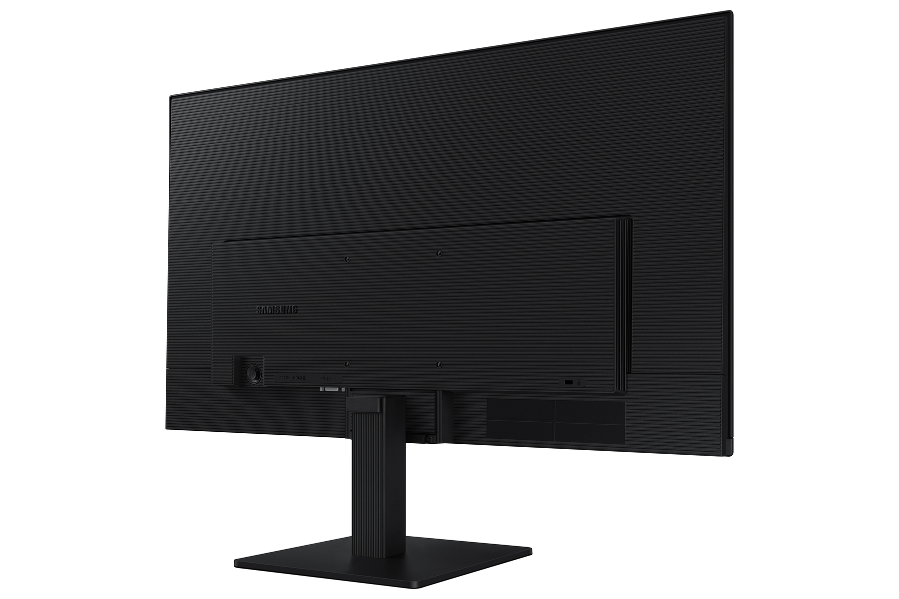 Zwarte monitorachterkant met Samsung-logo en connectoren, naar rechts gericht, op een witte achtergrond.