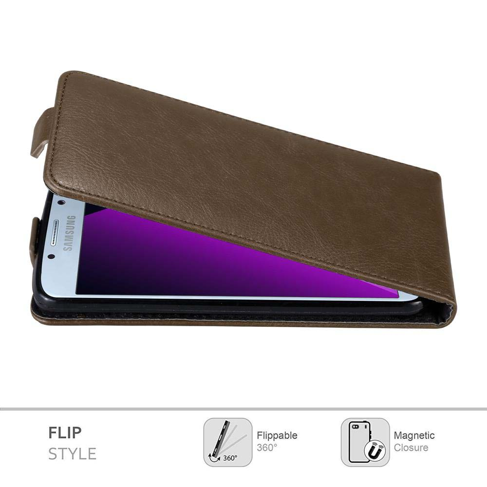 Una funda de teléfono tipo libro de cuero marrón con la cubierta abierta. Teléfono dentro.
