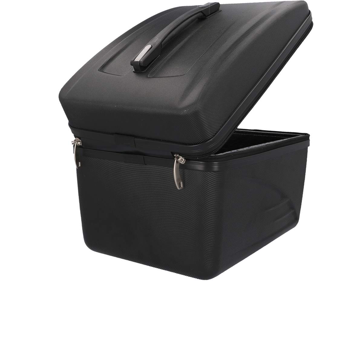 Schwarze Aufbewahrungsbox mit offenem Deckel. Griff oben. Reißverschlussöffnung. Weißer Hintergrund.