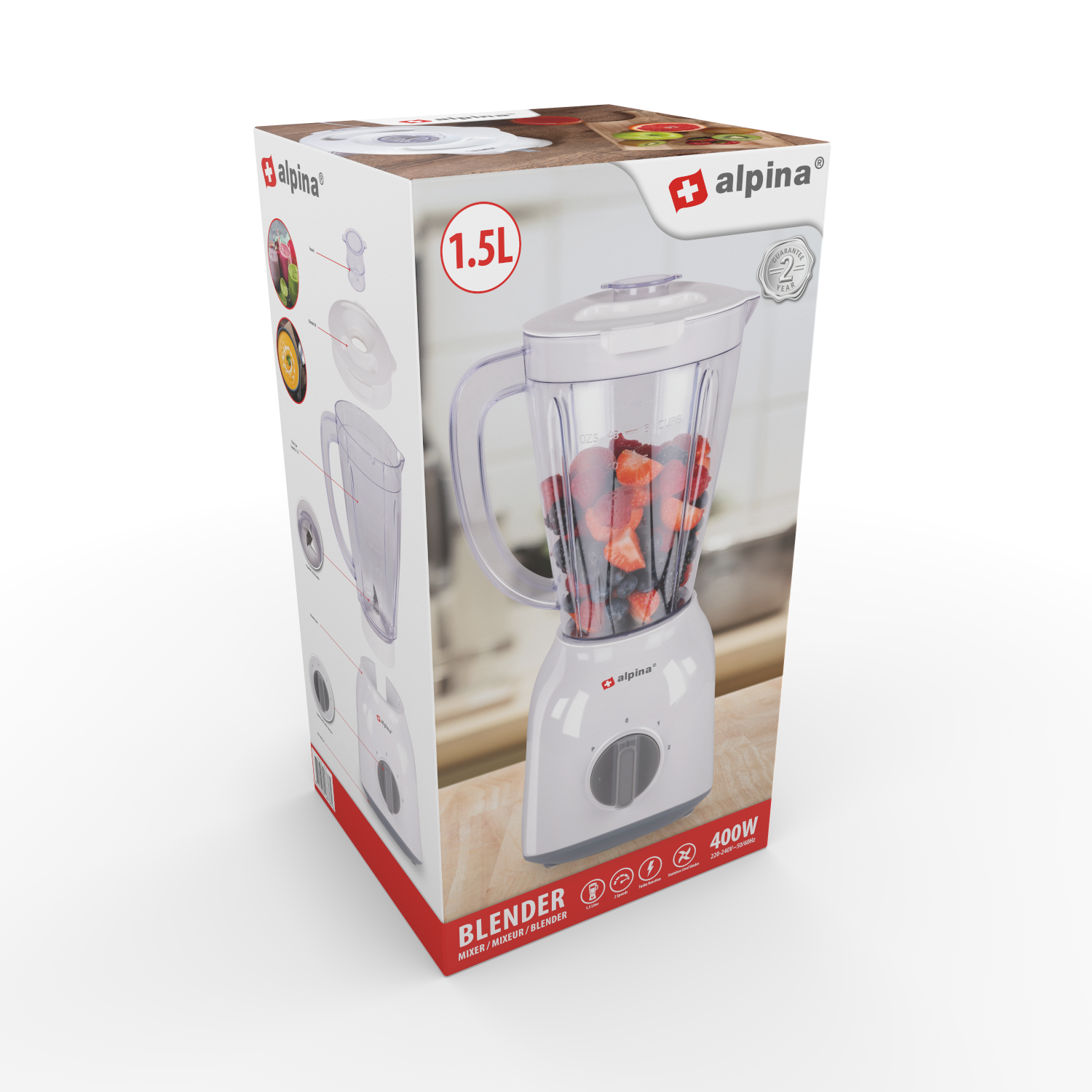 Een blender in de doos. De doos toont de blender, de onderdelen en specificaties. Witte achtergrond.