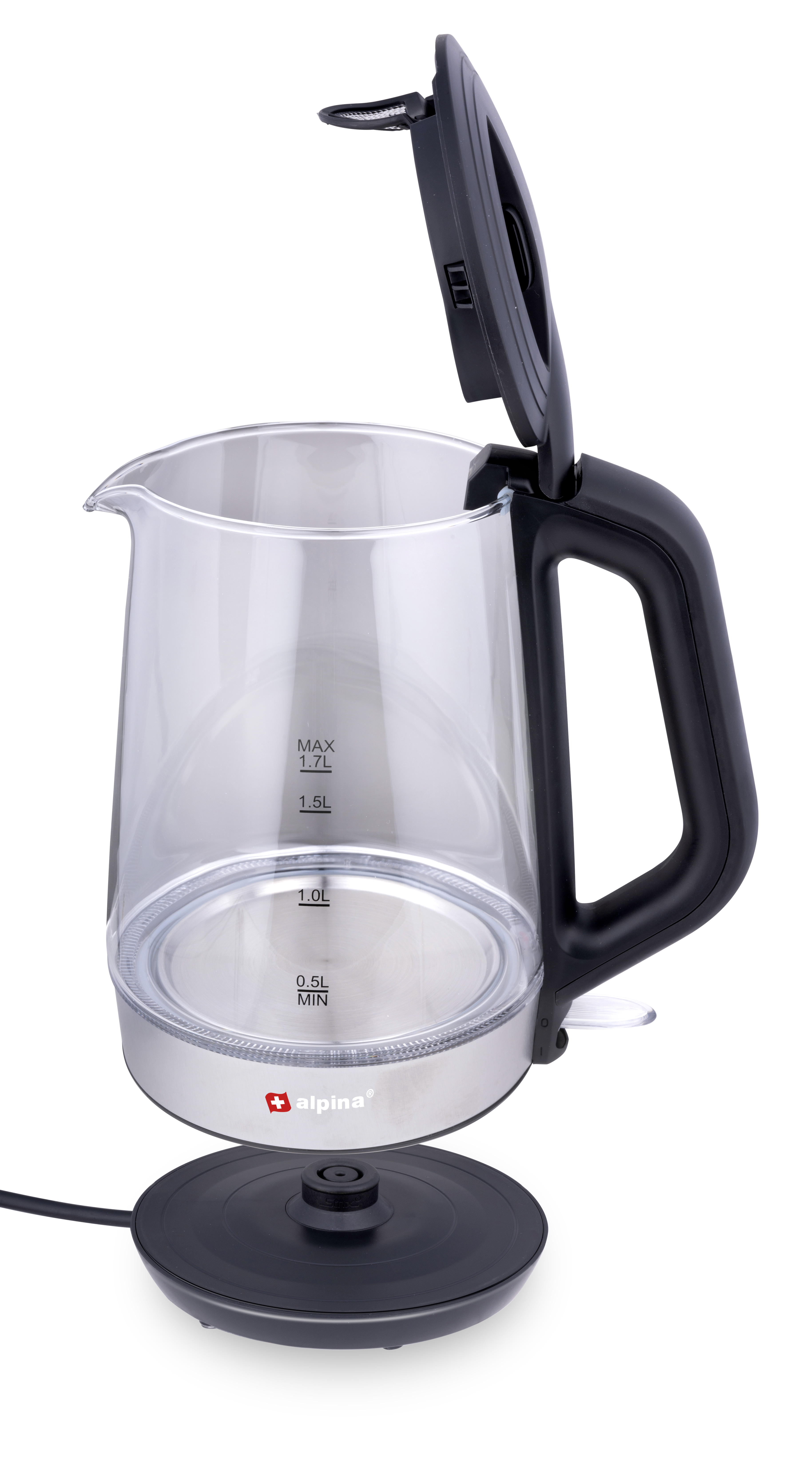 Een waterkoker met het deksel open. De waterkoker is transparant met een zwarte handgreep en voet.
