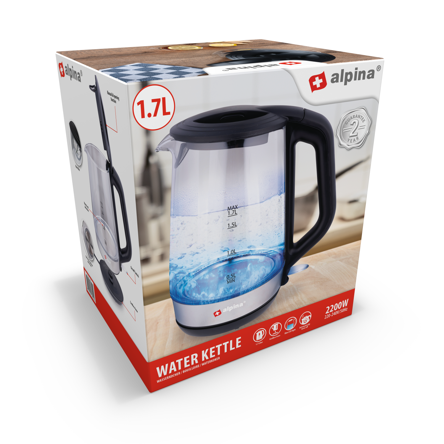 Doos met een waterkoker, met de waterkoker en de tekst 1.7L.