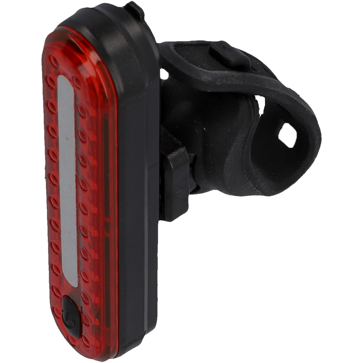 Rotes und schwarzes Fahrrad-Rücklicht. Montiert an einer schwarzen Halterung. Kleiner schwarzer Knopf.