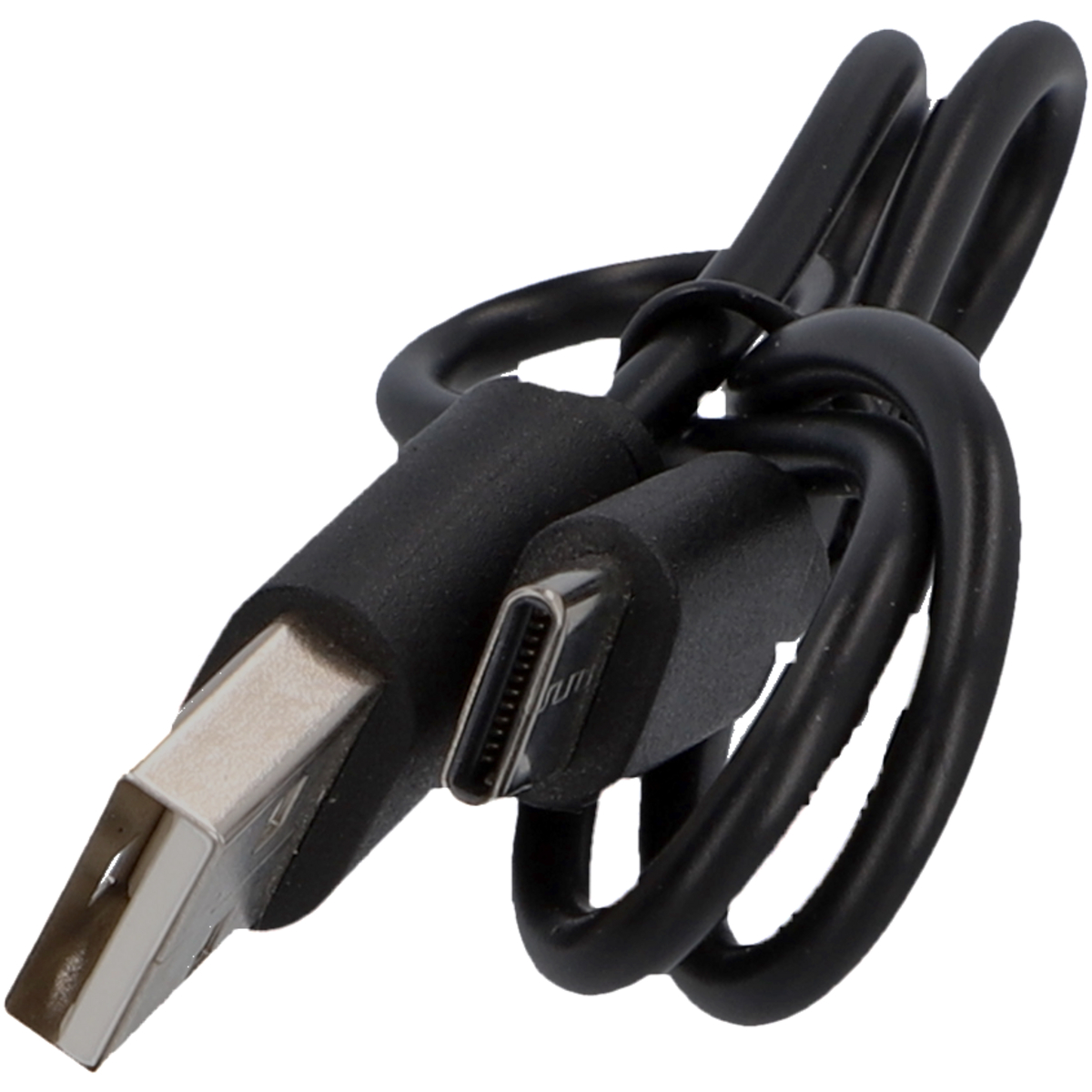 Schwarzes USB-Kabel mit USB-A- und USB-C-Anschlüssen, aufgerollt.