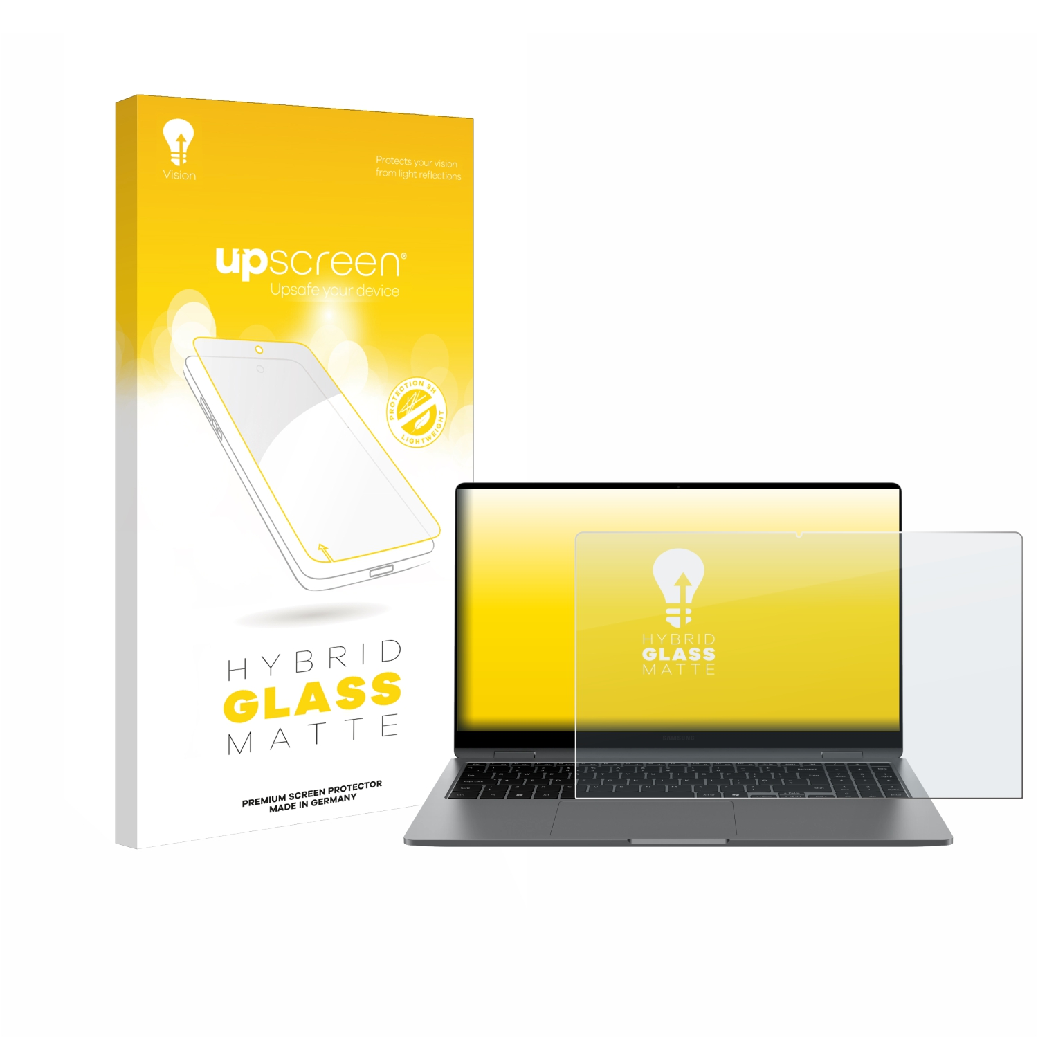 Ein Displayschutz für einen Laptop, mit einer Box, die Text und ein Bild eines Laptops enthält.