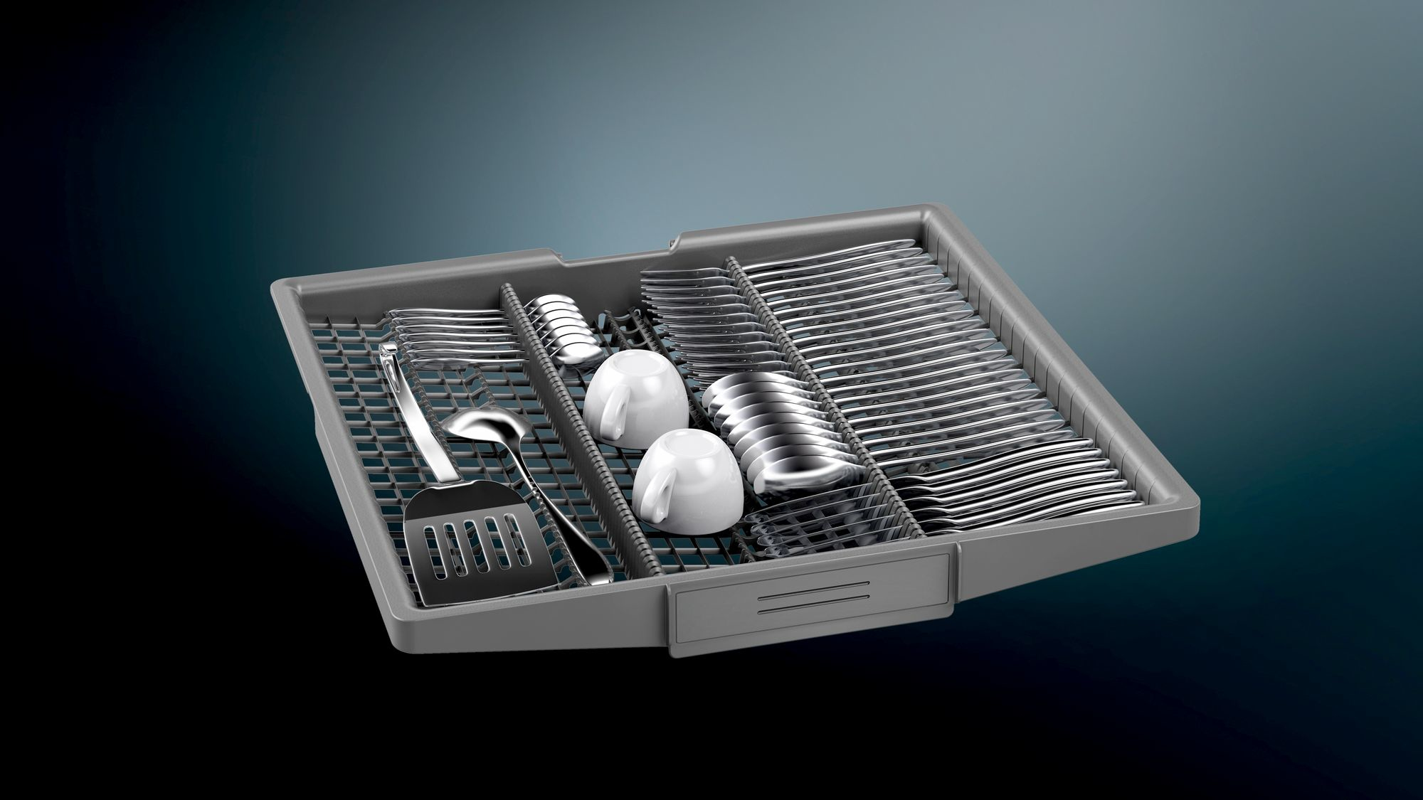 Dishwasher tray with utensils: forks, spoons, cups, and a spatula.