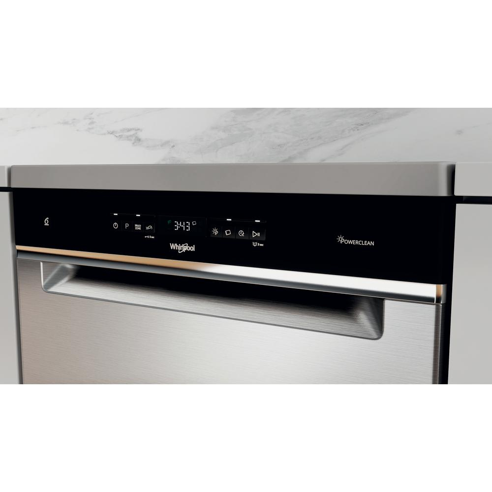 Panel sterowania zmywarki ze stali nierdzewnej. Czarny wyświetlacz z przyciskami i logo Whirlpool. Czysty, nowoczesny design.