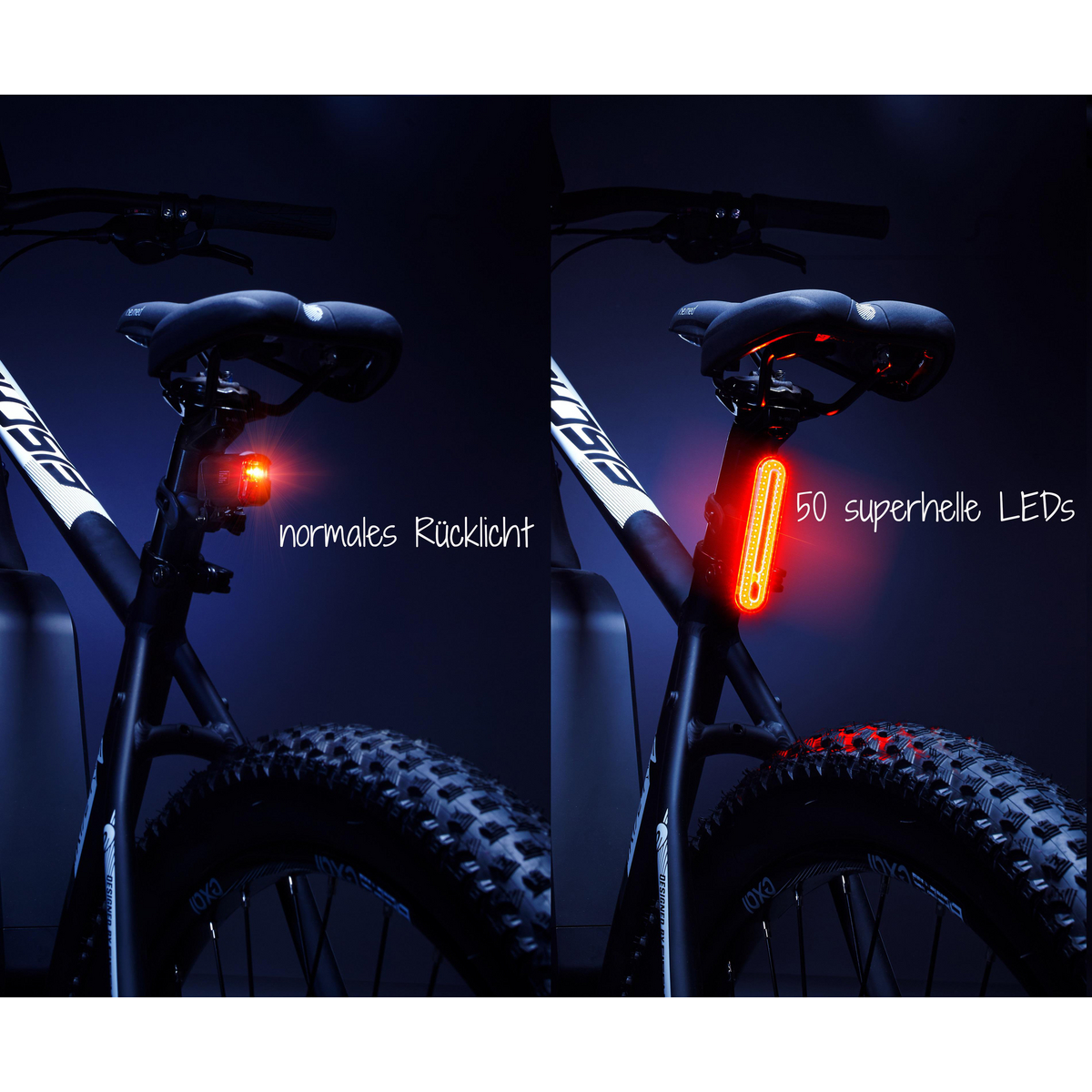Fahrrad mit Standard- und LED-Rücklichtern zum Vergleich. LED ist heller und länger.