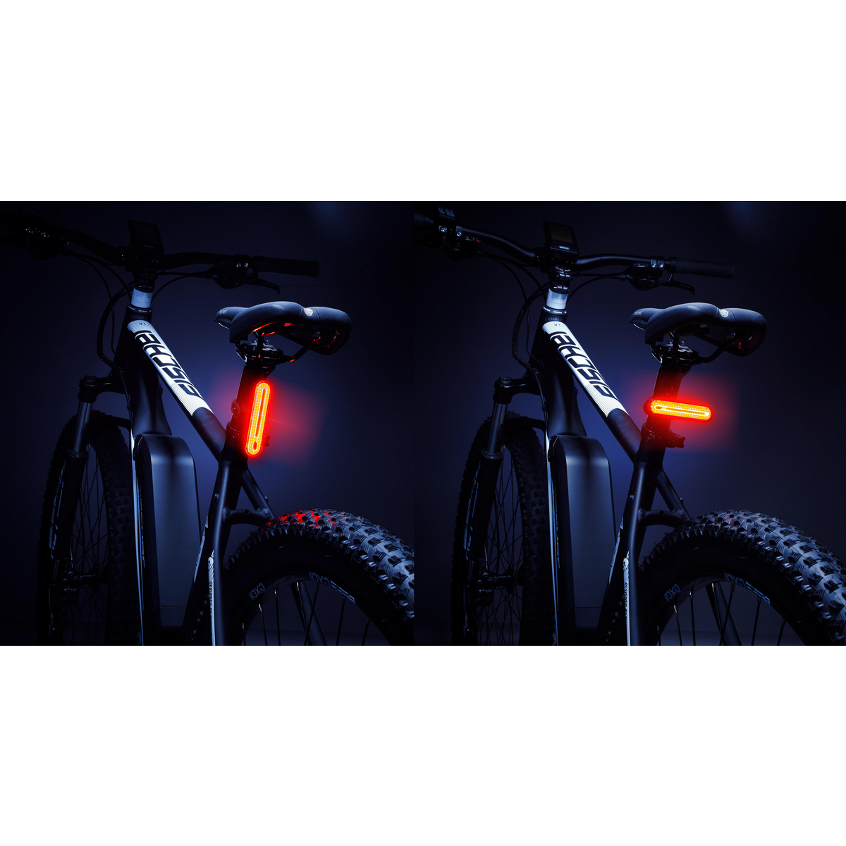 Zwei Fahrräder mit roten Lichtern. Sie sind am Fahrrad an der Sattelstütze befestigt.
