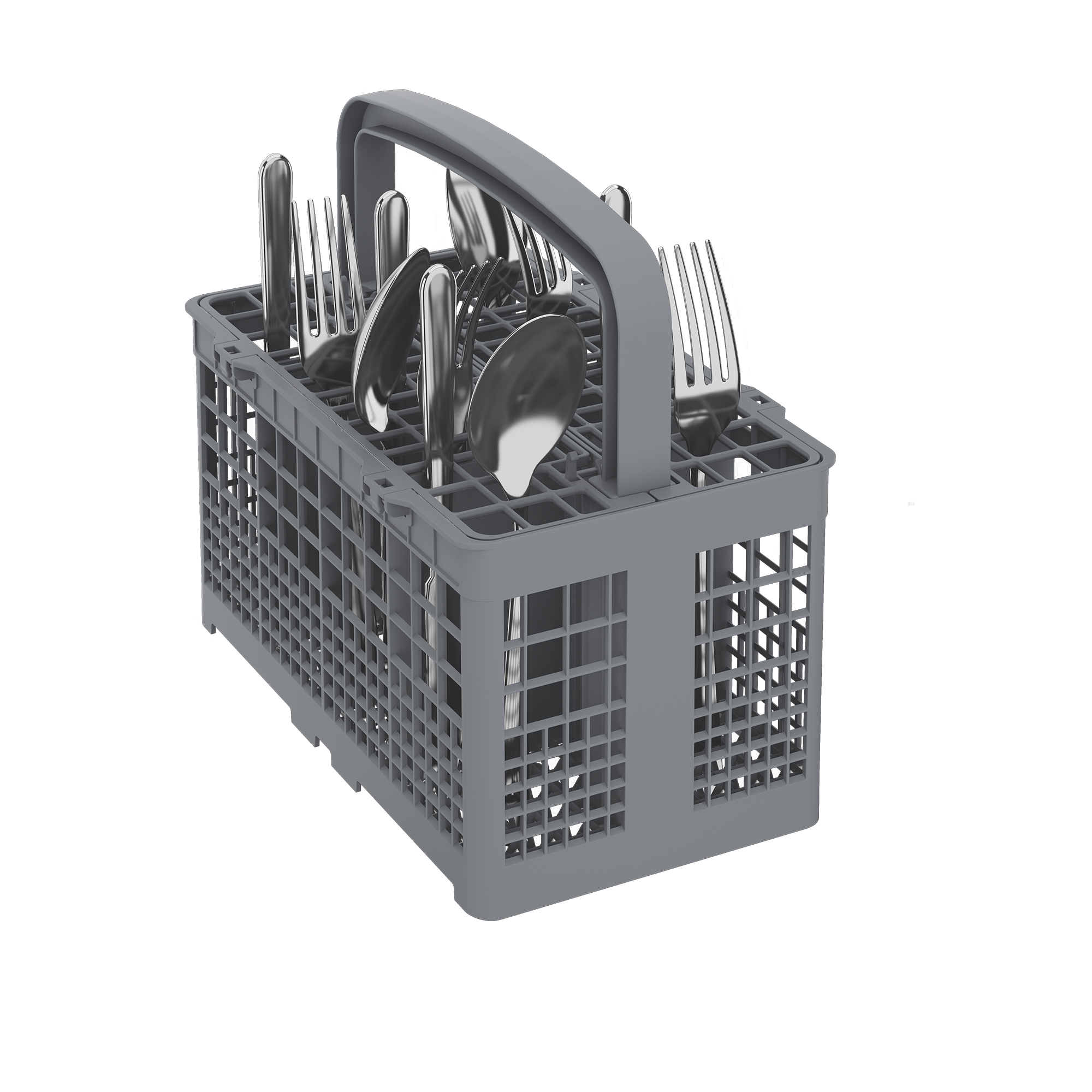 Panier à couverts de lave-vaisselle gris rempli d'argenterie, sur fond blanc.
