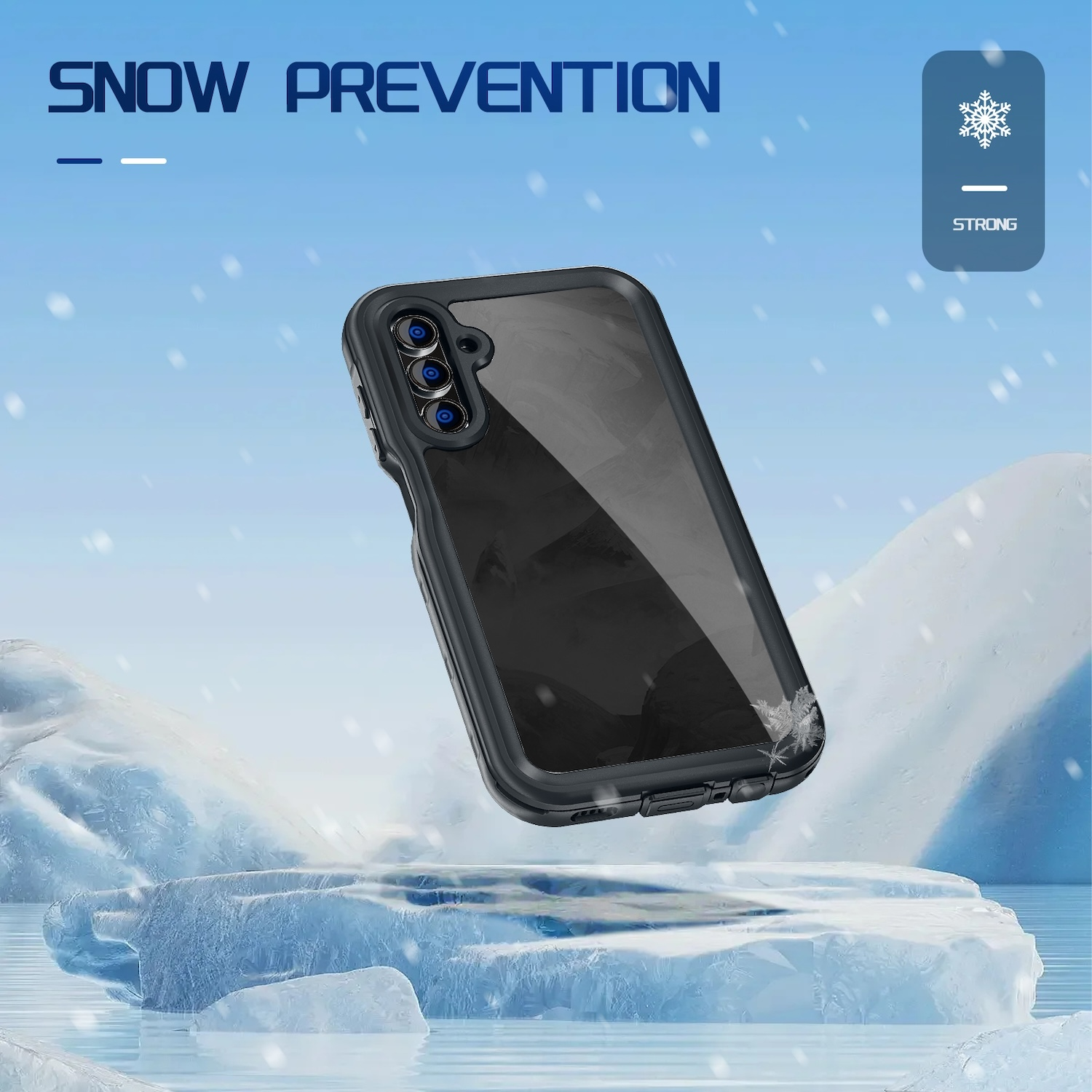 Eine schwarze Handyhülle in einer verschneiten Landschaft. Text 