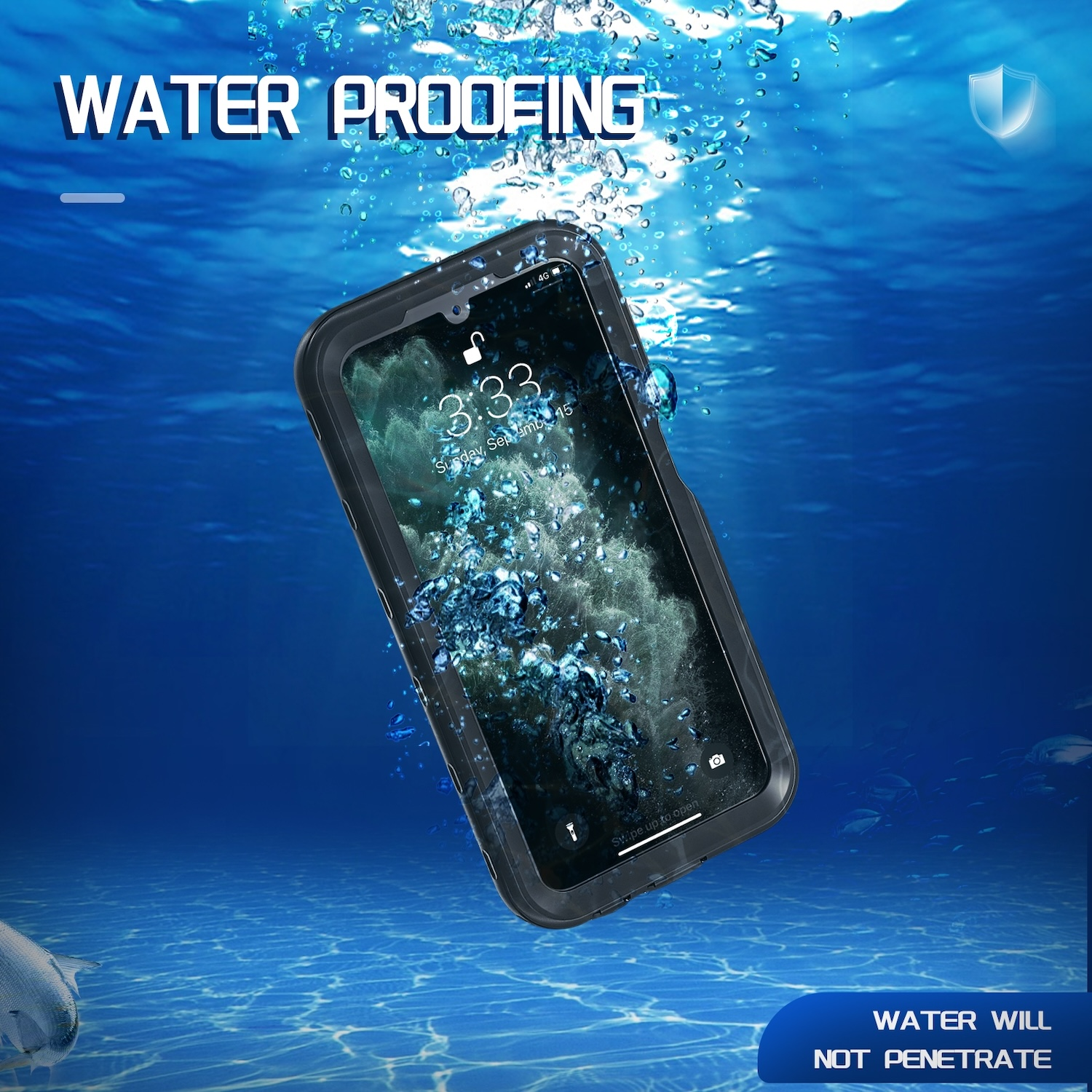 Smartphone in wasserdichter Hülle unter Wasser. Wassertropfen. Blauer Wasserhintergrund.