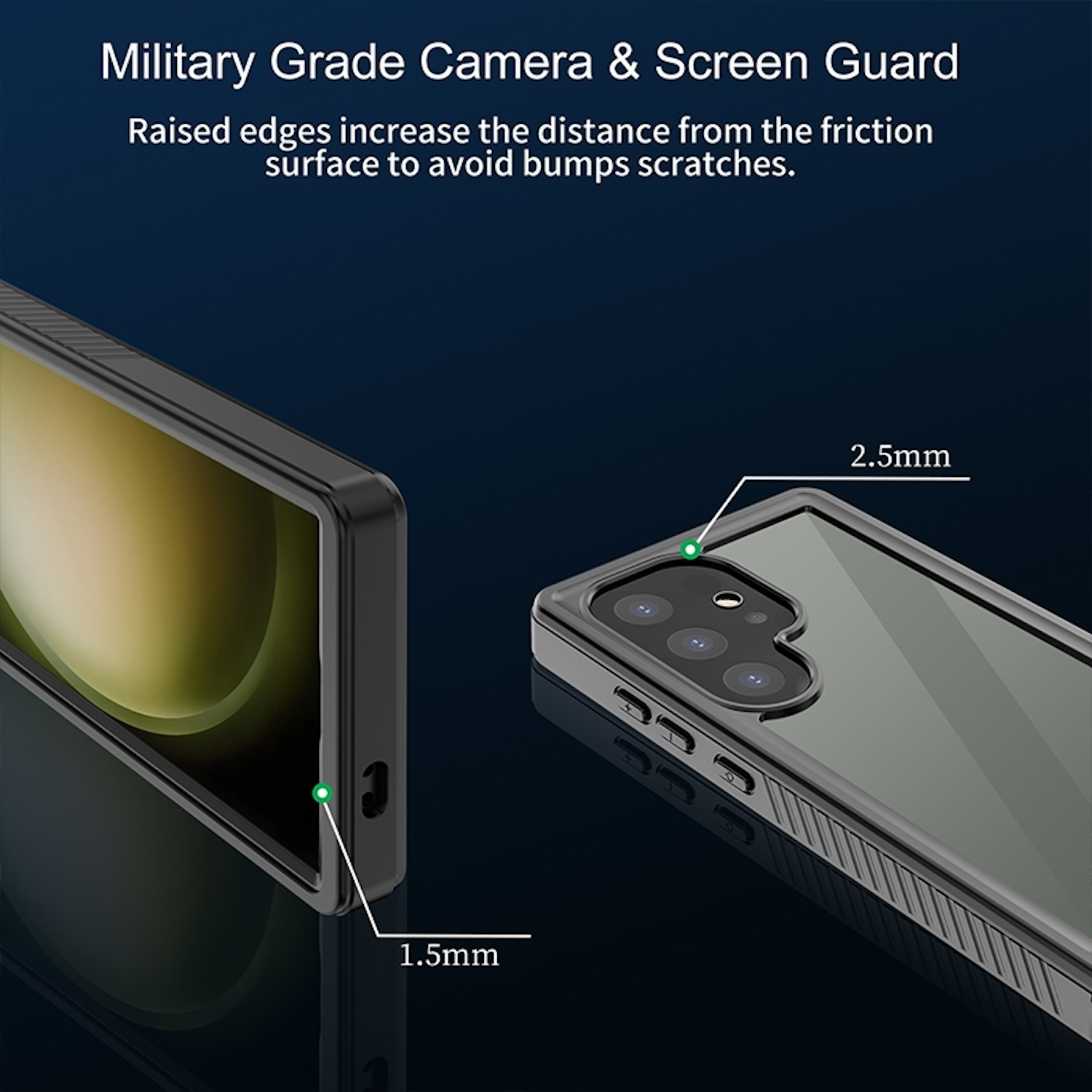 Primer plano de una funda negra para teléfono, resaltando sus bordes y una abertura para la cámara con bordes elevados.