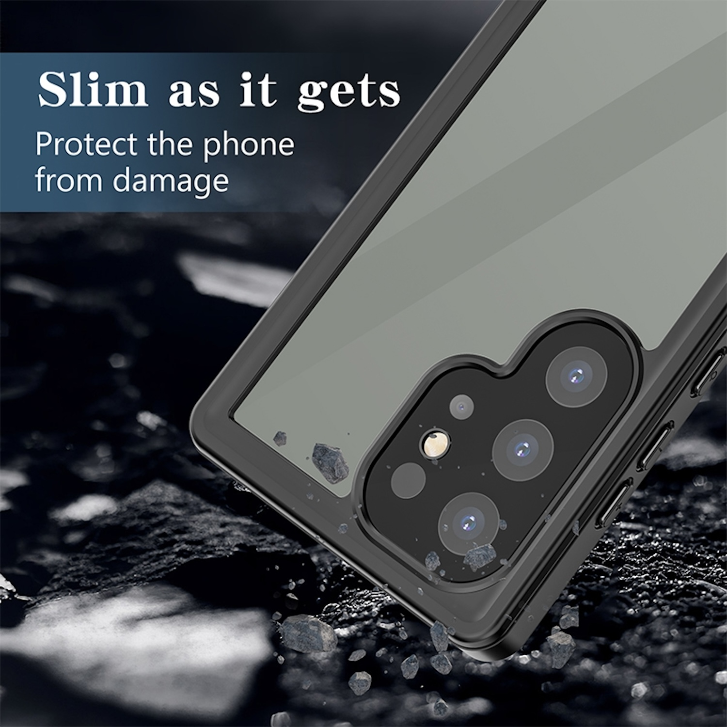 Primer plano de un teléfono en una funda, protegiendo de daños. Cámara y diseño del teléfono.