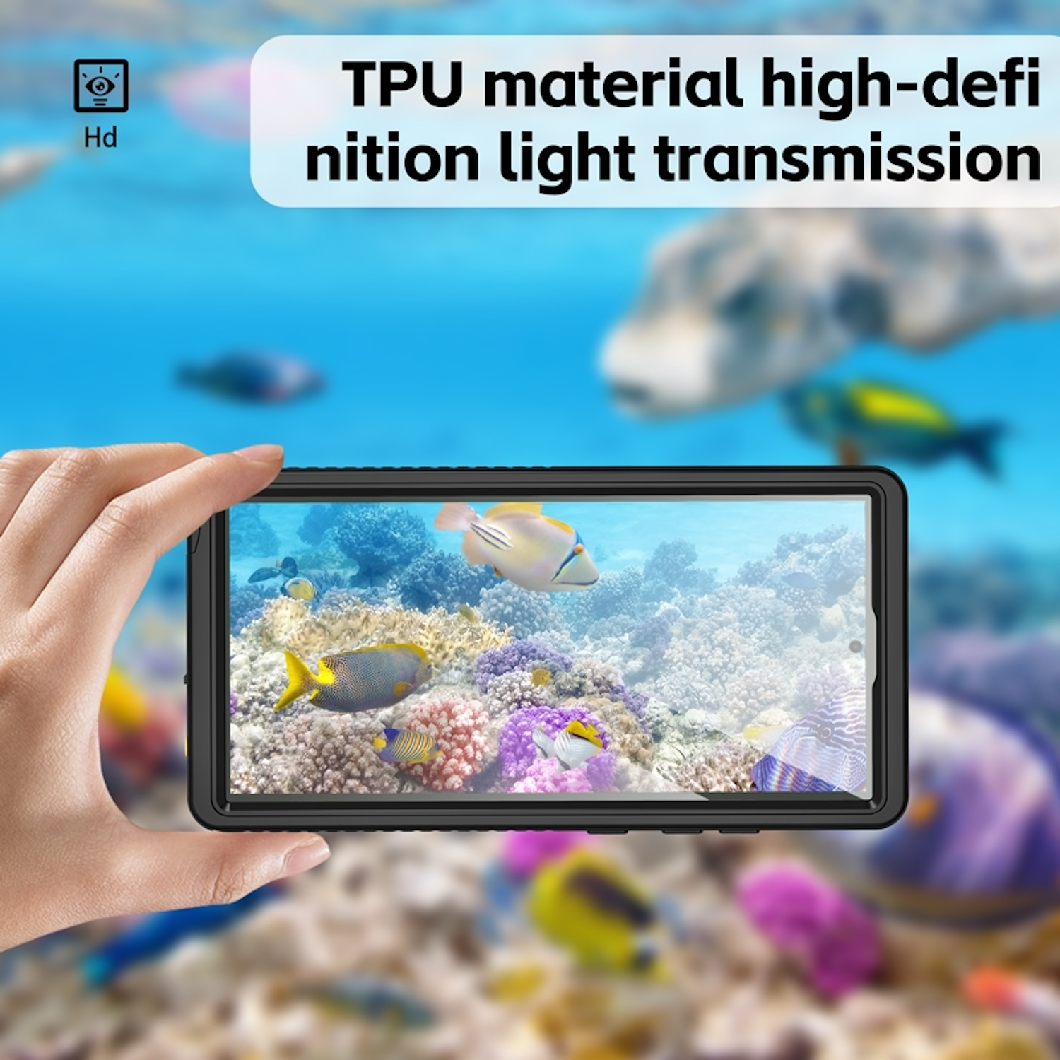 Una mano sosteniendo un teléfono que muestra una colorida escena submarina con peces y corales, HD.