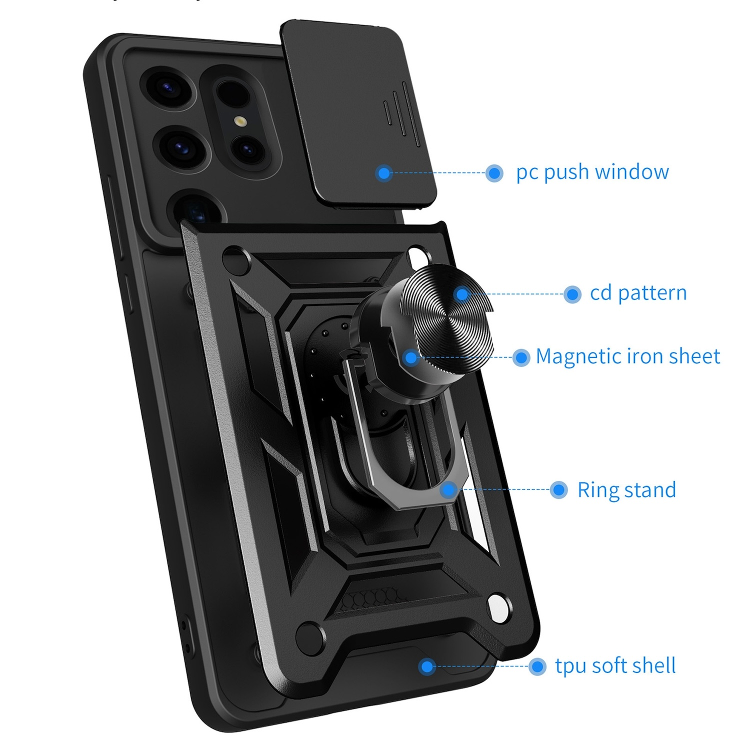 Schwarze Handyhülle mit Ringständer, Kameraabdeckung und anderen Funktionen.