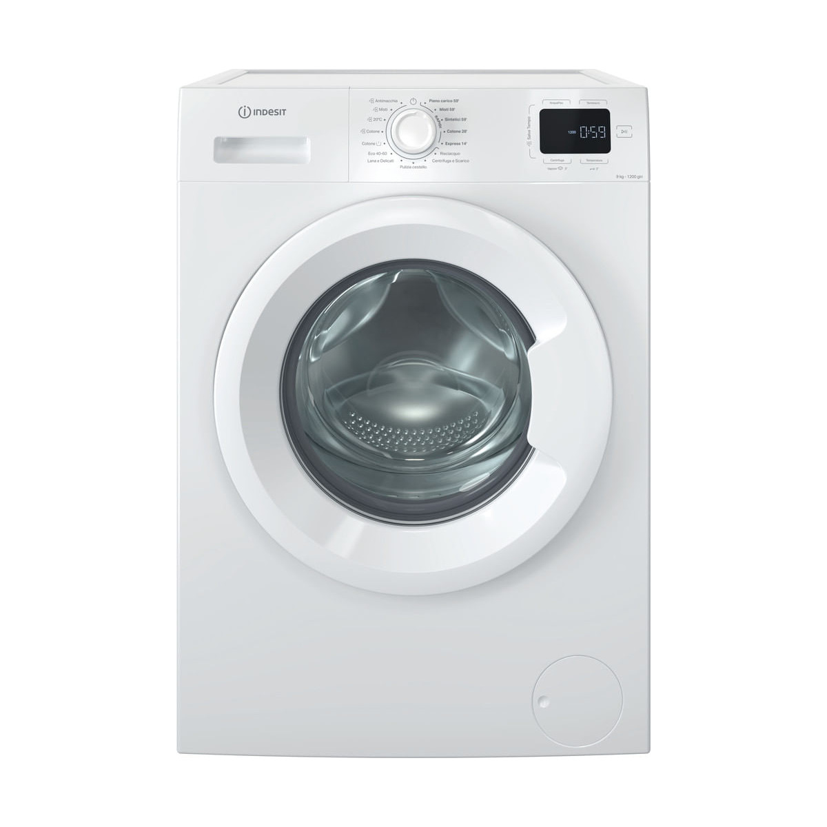 Lavatrice bianca. Ha una porta circolare, un pannello di controllo con pulsanti e un display.