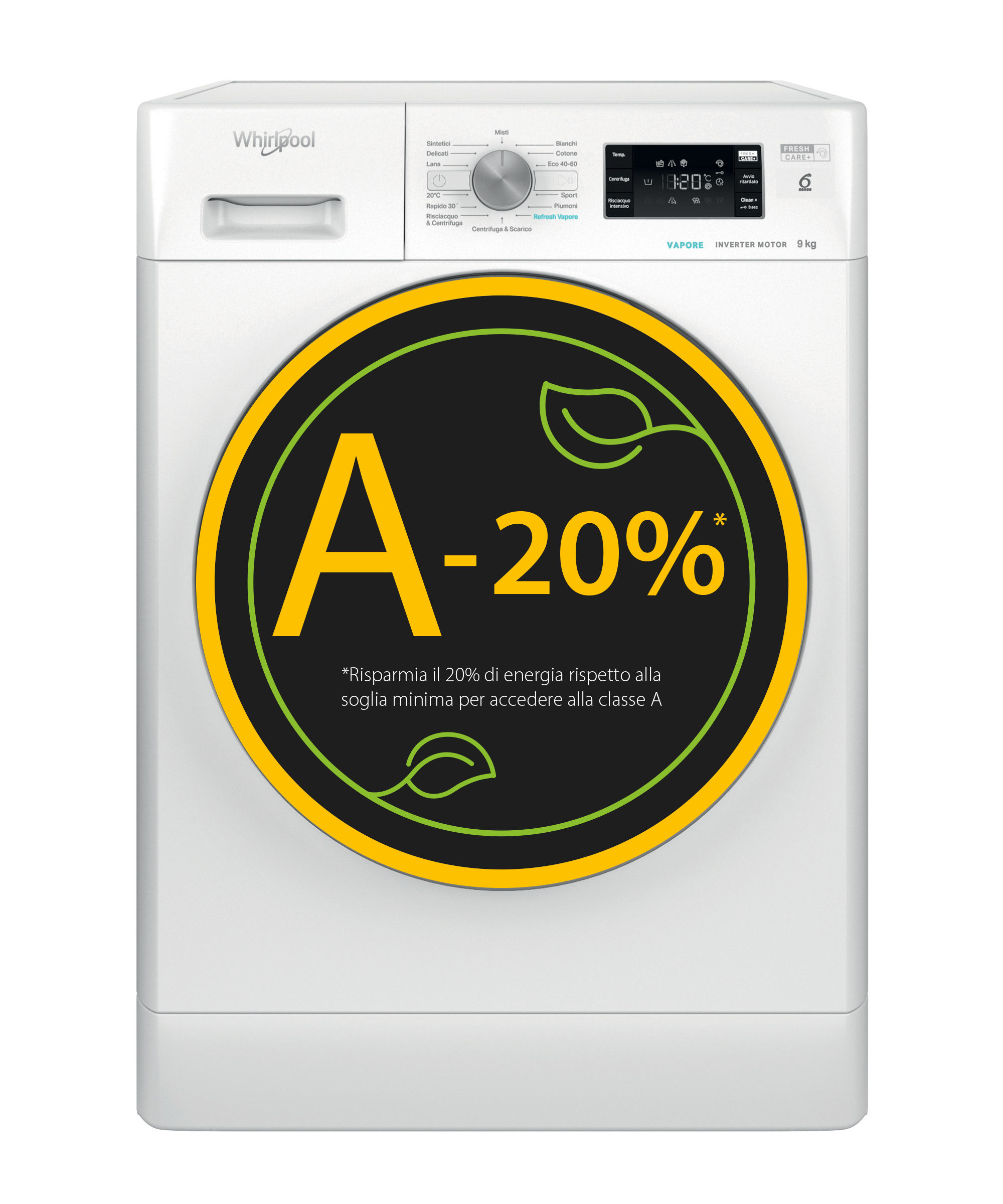 Lavatrice bianca con grande etichetta circolare di efficienza energetica, che mostra A -20%.