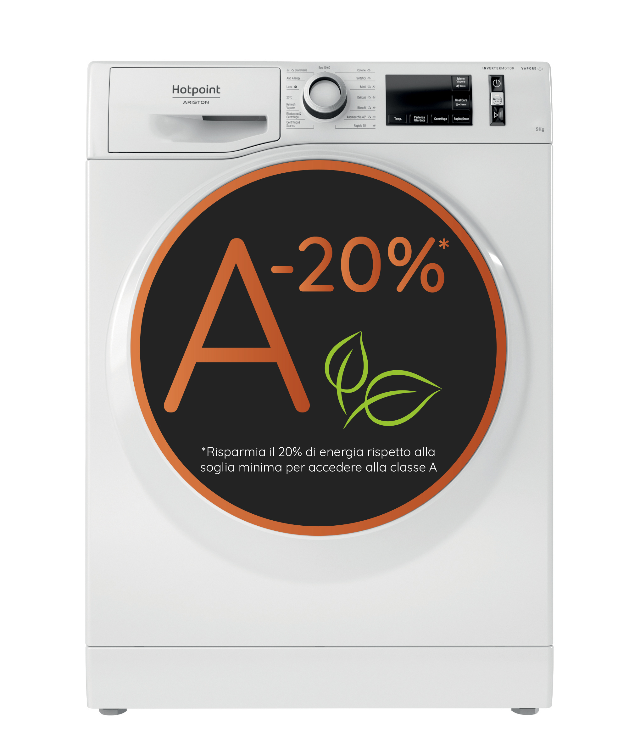 Lavatrice bianca Hotpoint/Ariston con etichetta di efficienza energetica. Cerchio nero e arancione.