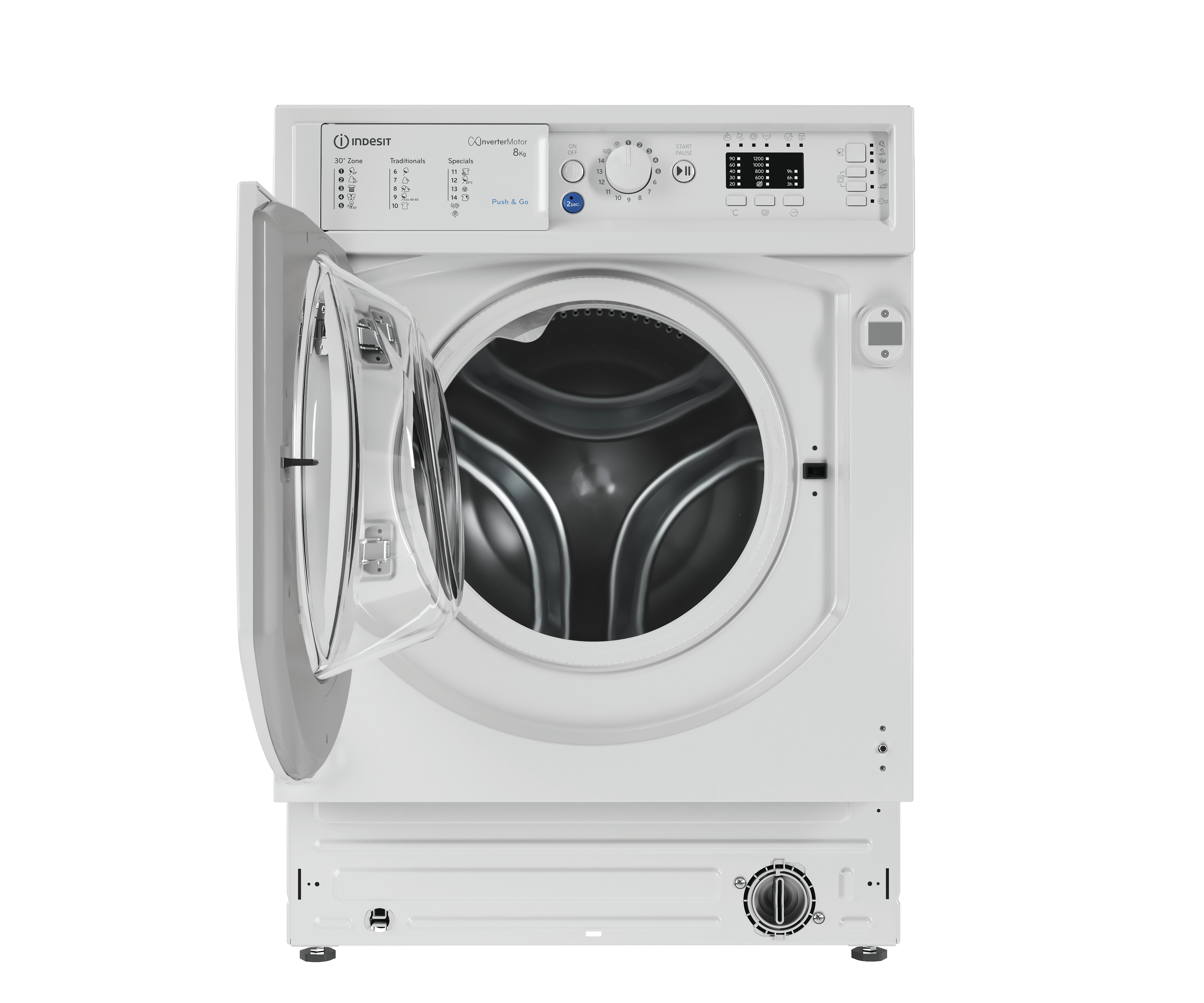 Lavadora Indesit con puerta abierta. Máquina blanca con panel de control y zona de carga redonda.